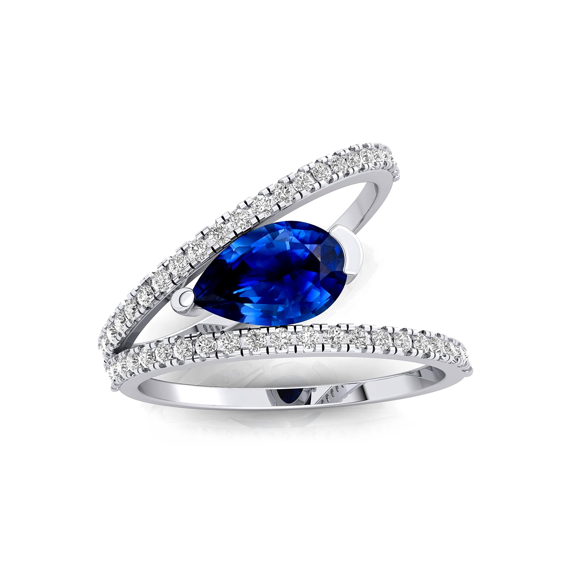 Fashionable V Shaped Diamond Ring with Pear Cut Blue Sapphire - GeumJewels