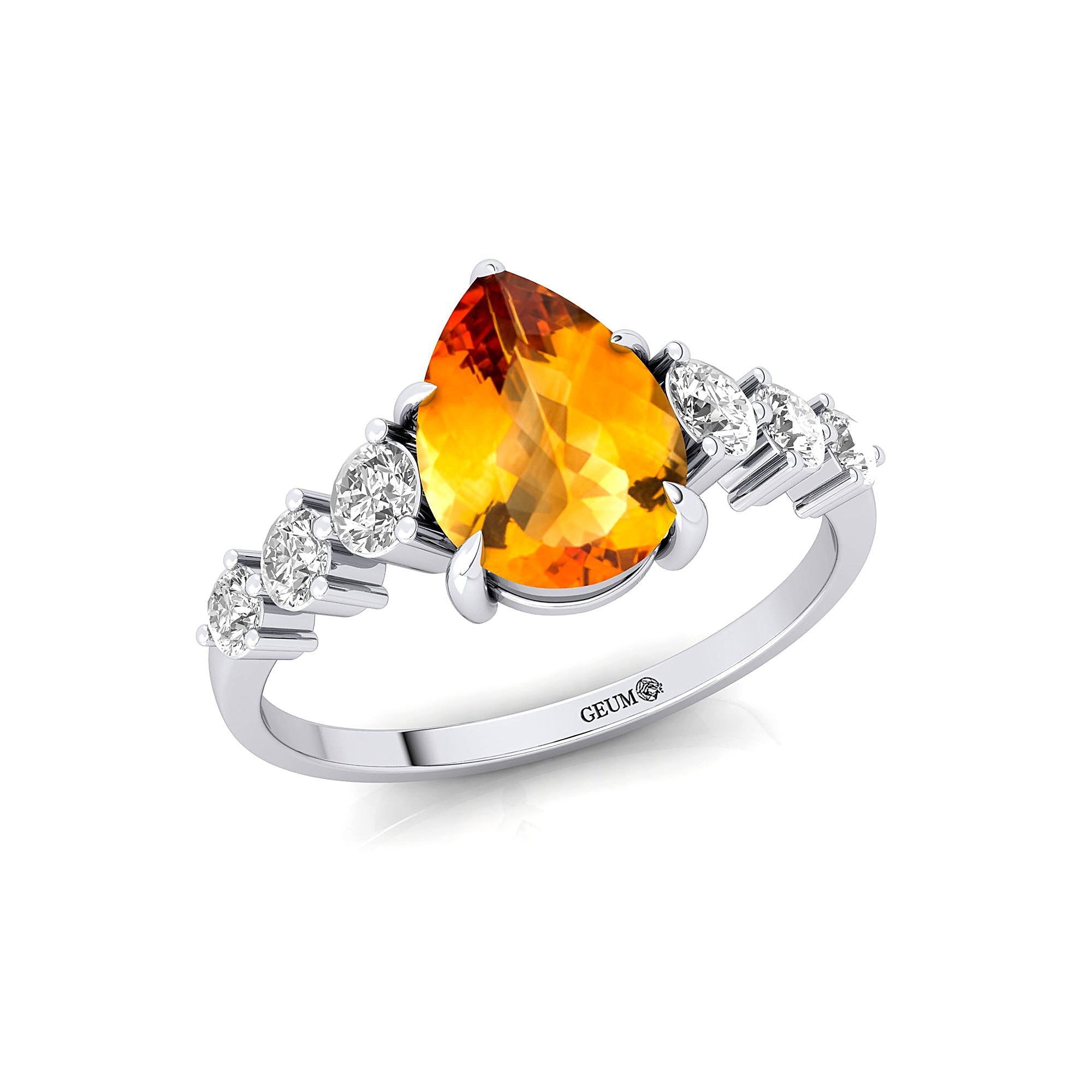 Pear Cut Citrine with Graduated Diamonds Ring - GeumJewels
