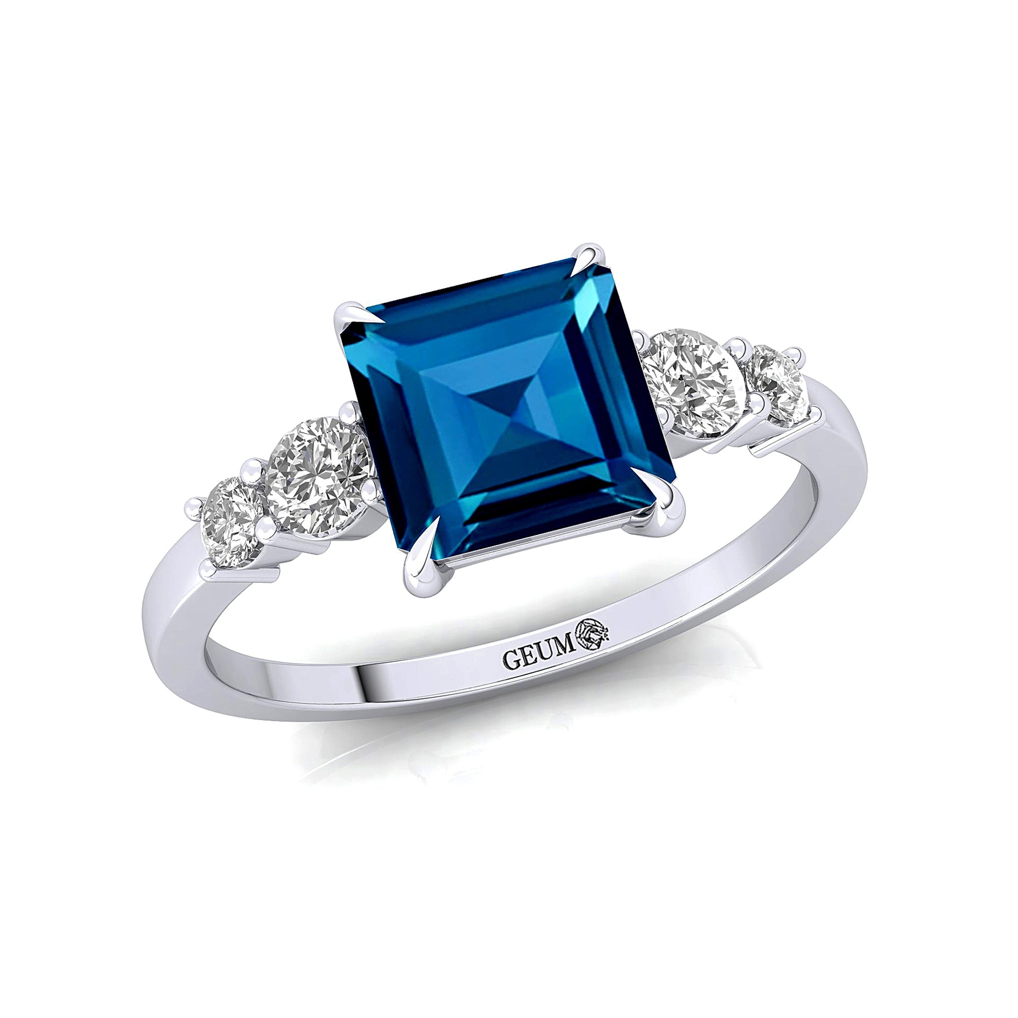 Princess Cut London Blue Topaz Graduating Accent Diamond Ring - GeumJewels