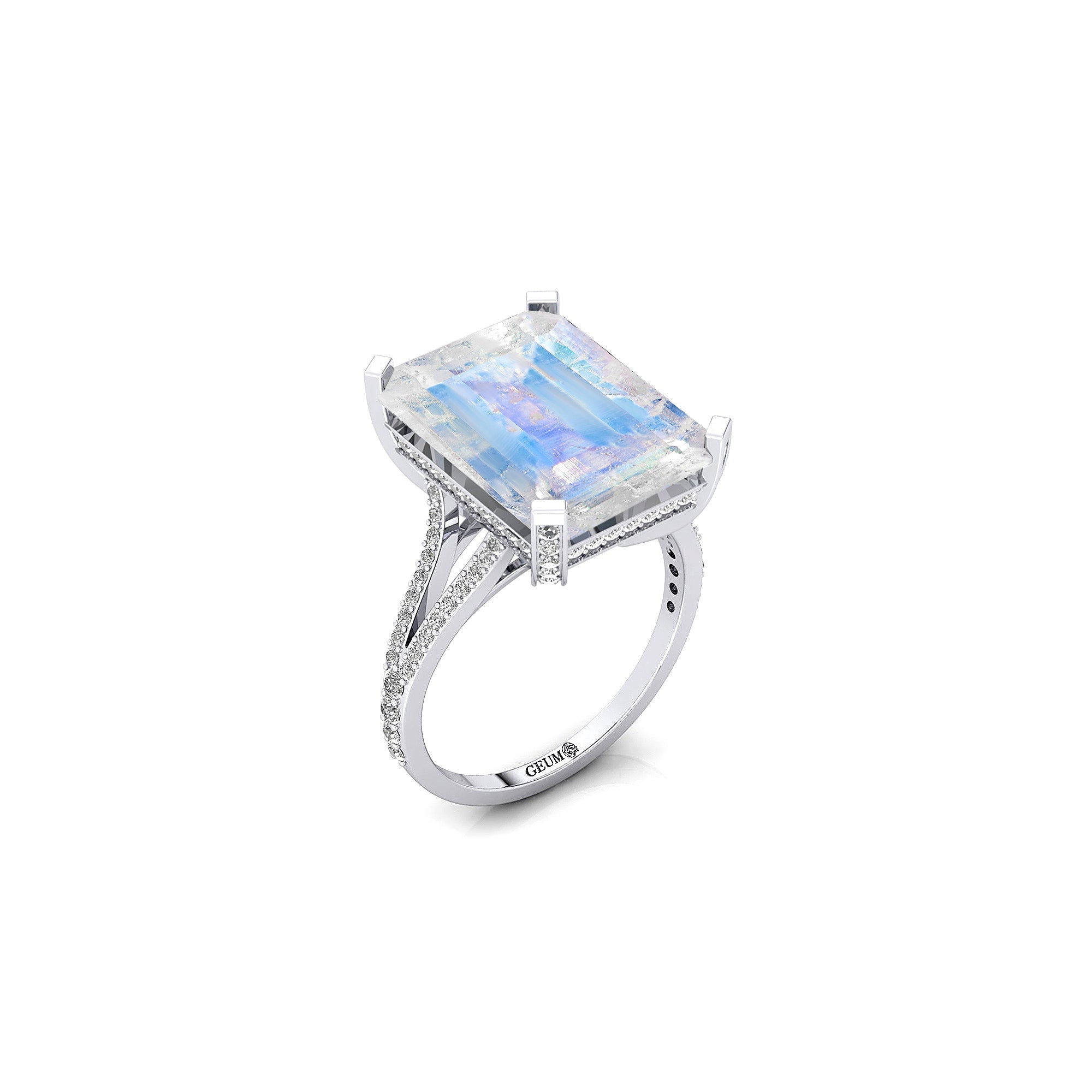 Emerald Cut Moonstone Split Shank Engagement Ring with Diamonds - GeumJewels