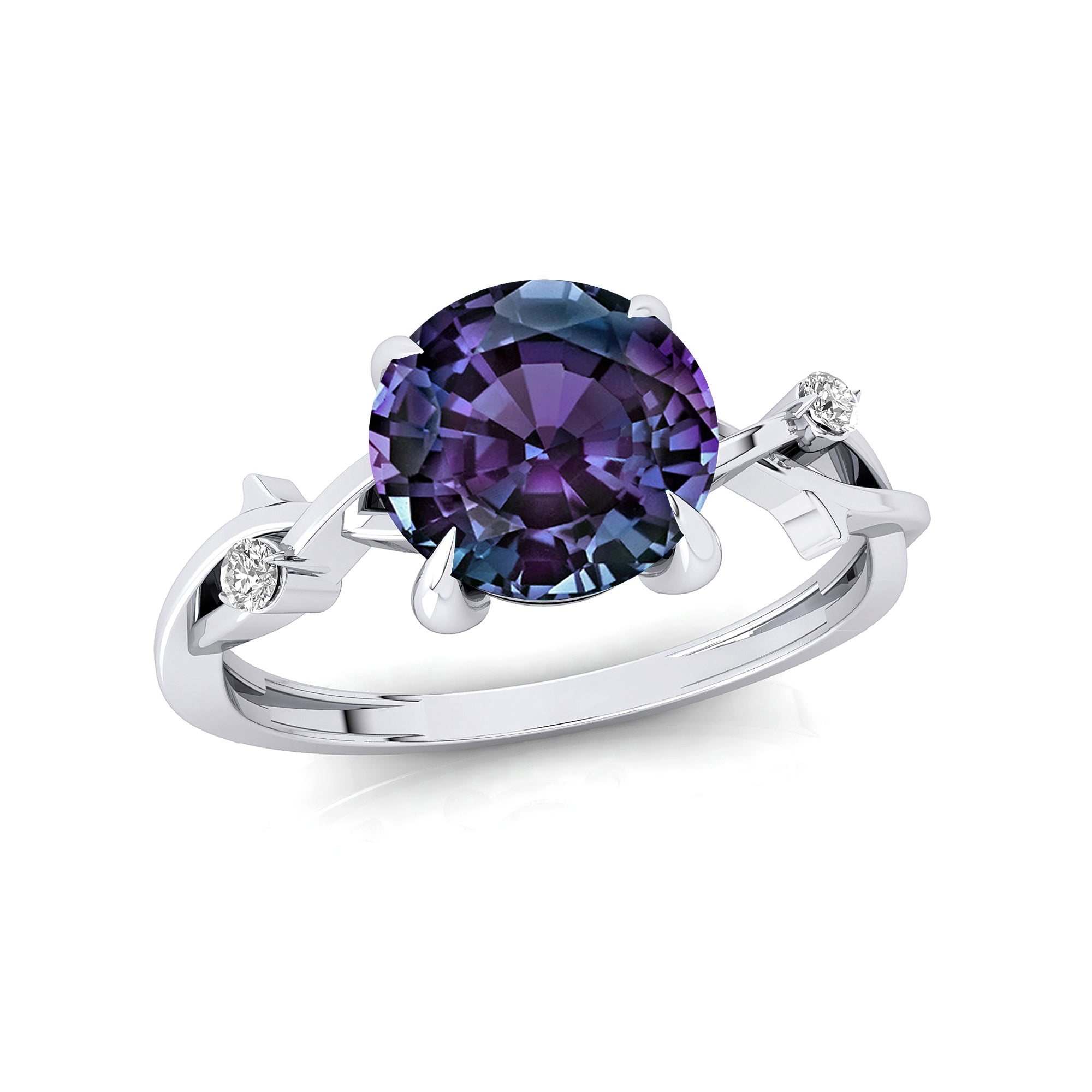 Criss Cross Nature Inspired Diamond Ring  with Round Alexandrite - GeumJewels