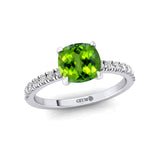 Peridot Square Cushion Under Halo Diamonds Thin Ring with Diamond Band - GeumJewels