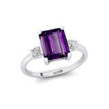 Emerald Cut Amethyst and Diamond Three Stone Ring - GeumJewels