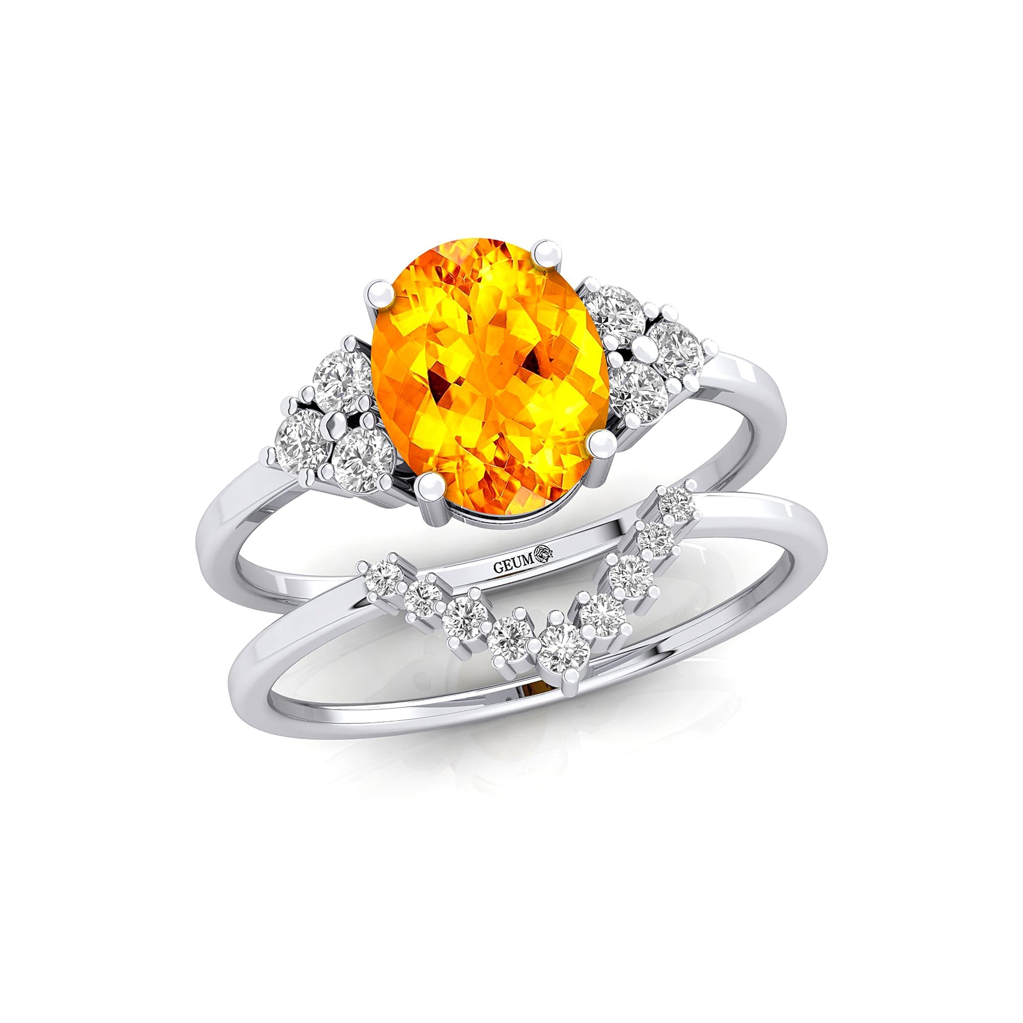 Citrine Solitaire Gold Ring With Stackable Diamond Band - GeumJewels