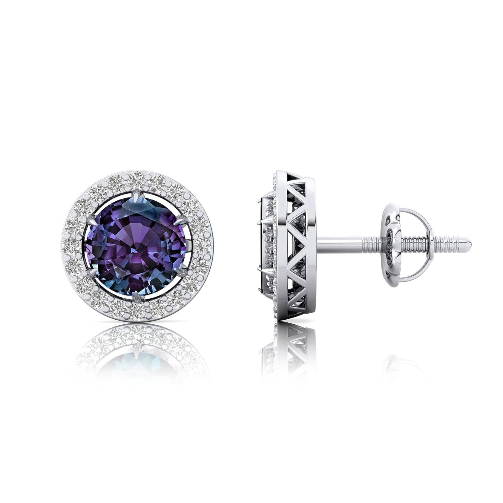 Round Solitaire Alexandrite Halo Diamond Stud Earrings - GeumJewels