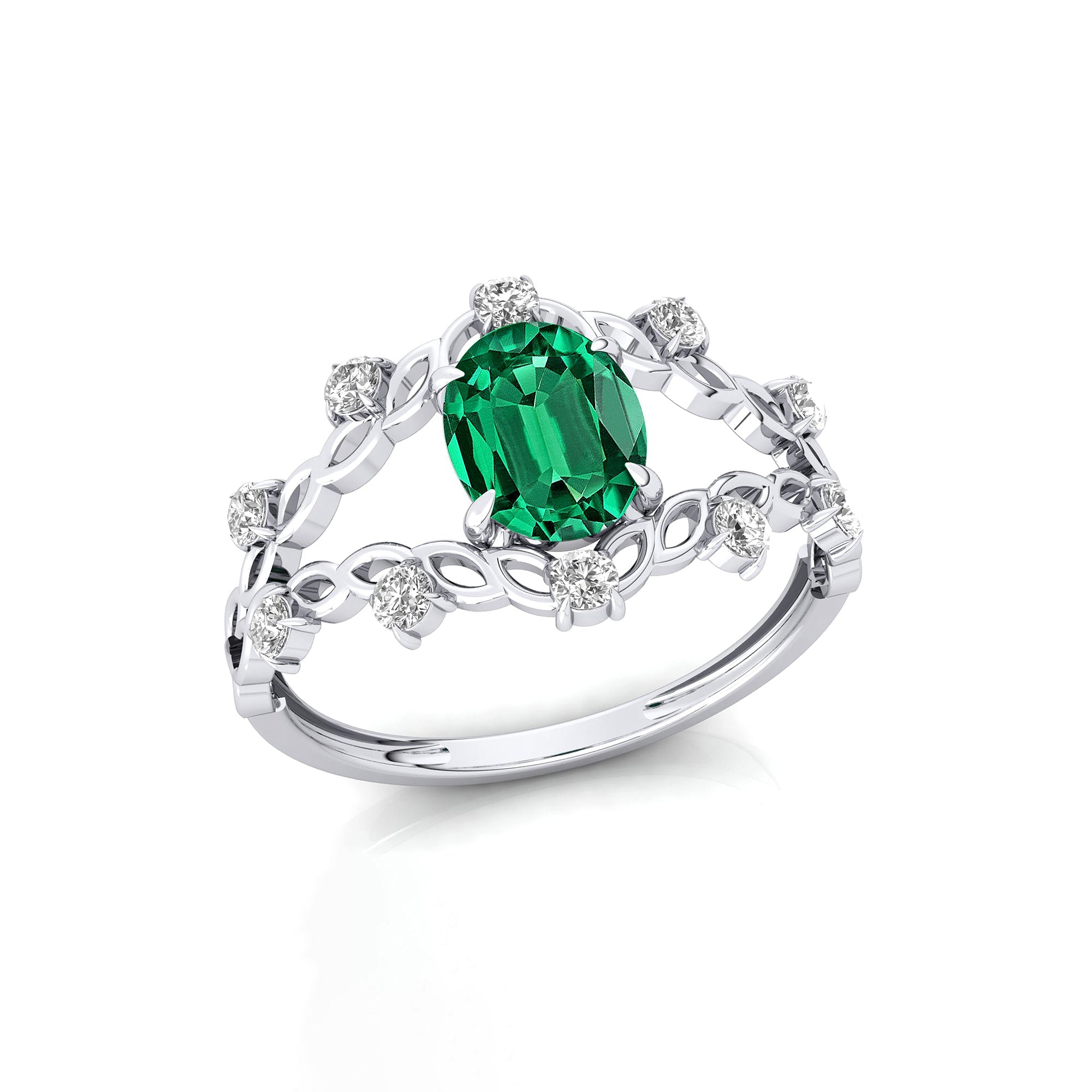 Flower Inspired Ring with Oval Shaped Emerald and Accent Diamonds - GeumJewels