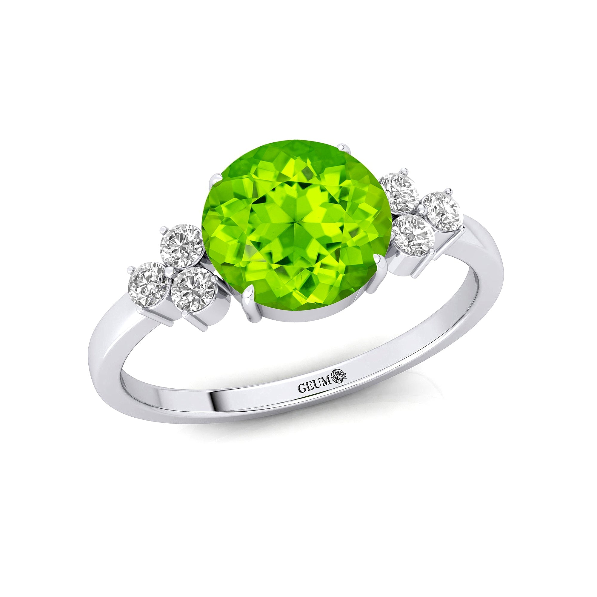 Trio Diamond Engagement Ring with Round Solitaire Peridot - GeumJewels