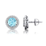 Round Solitaire Aquamarine Halo Diamond Stud Earrings - GeumJewels