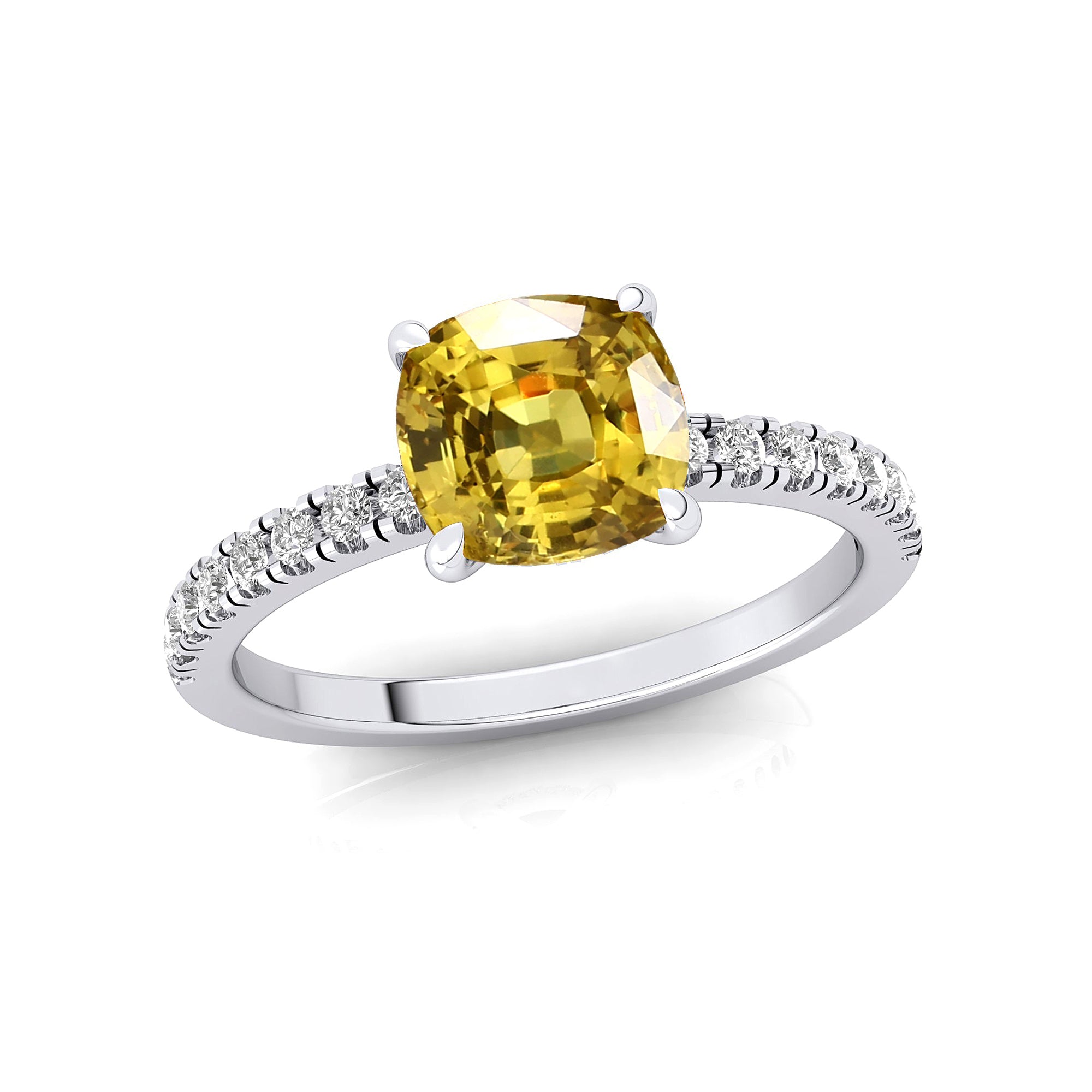 Yellow Sapphire Square Cushion Under Halo Diamonds Thin Ring with Diamond Band - GeumJewels