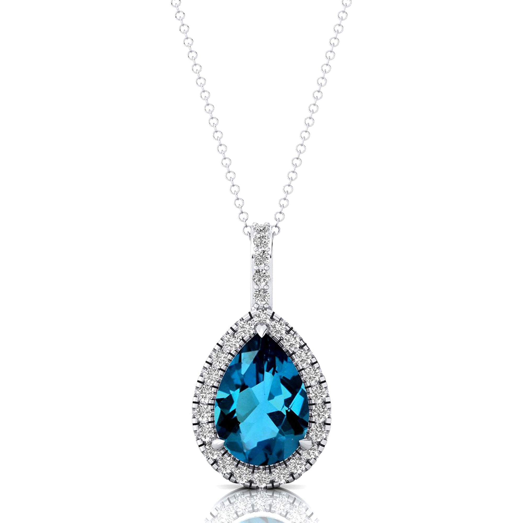 London Blue Topaz Teardrop Pendant with Diamond Halo - GeumJewels
