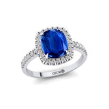 Elongated Cushion Halo Set Blue Sapphire Engagement Ring with Diamond Band - GeumJewels