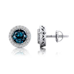 Round Solitaire London Blue Topaz Halo Diamond Stud Earrings - GeumJewels