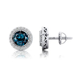 Round Solitaire London Blue Topaz Halo Diamond Stud Earrings - GeumJewels