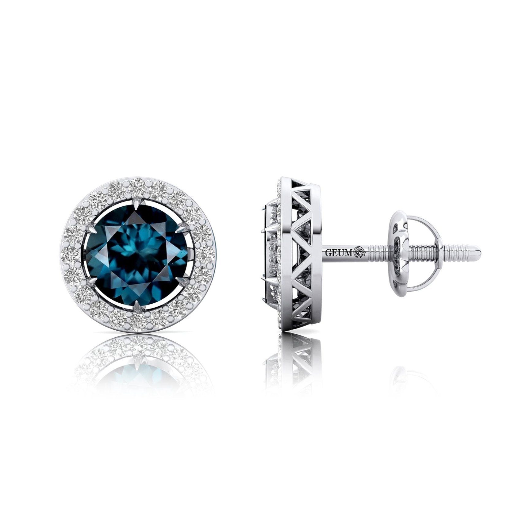 Round Solitaire London Blue Topaz Halo Diamond Stud Earrings - GeumJewels