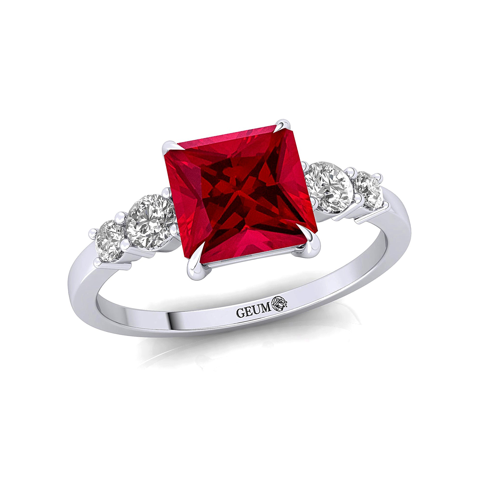 Princess Cut Ruby Graduating Accent Diamond Ring - GeumJewels