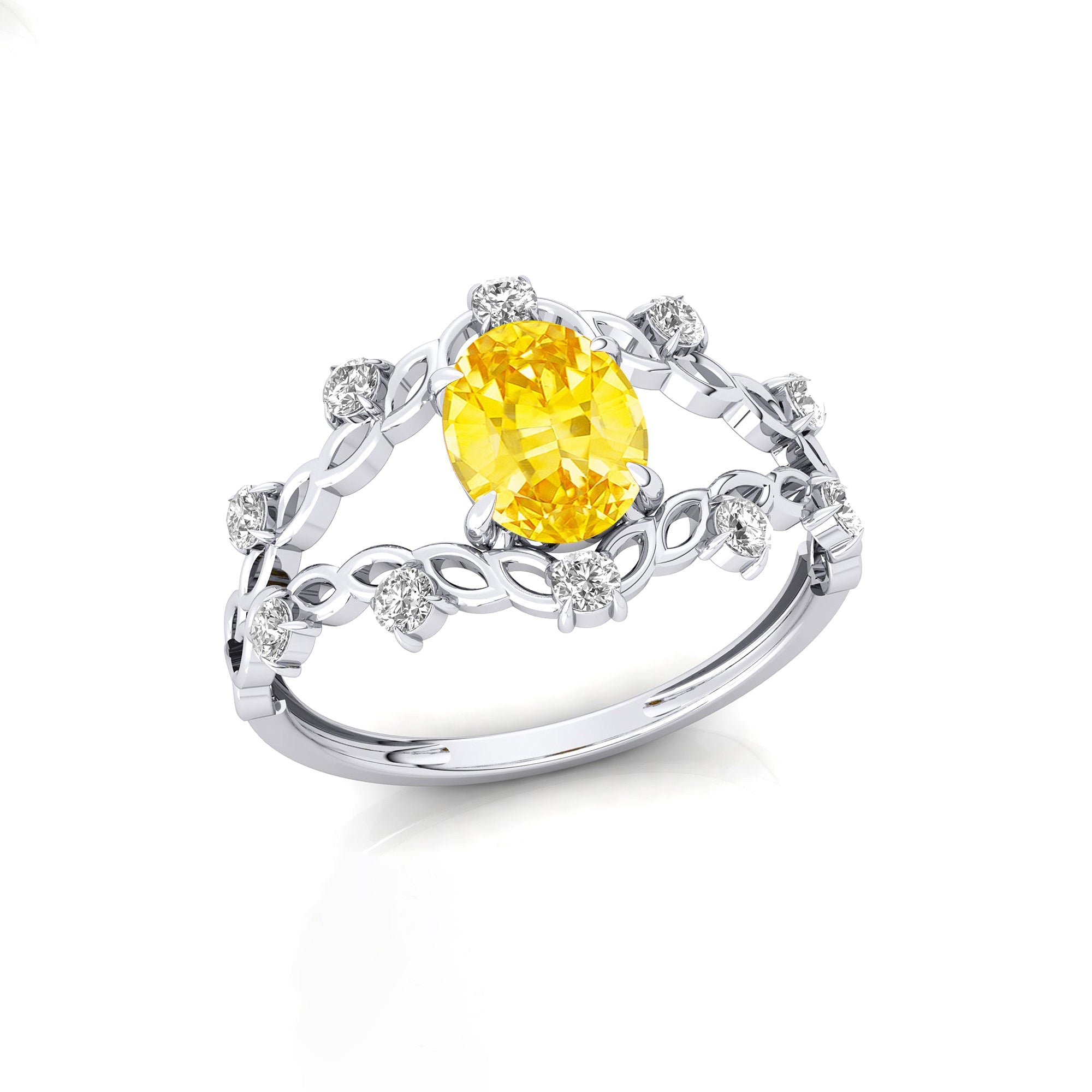 Flower Inspired Ring with Oval Shaped Yellow Sapphire and Accent Diamonds - GeumJewels