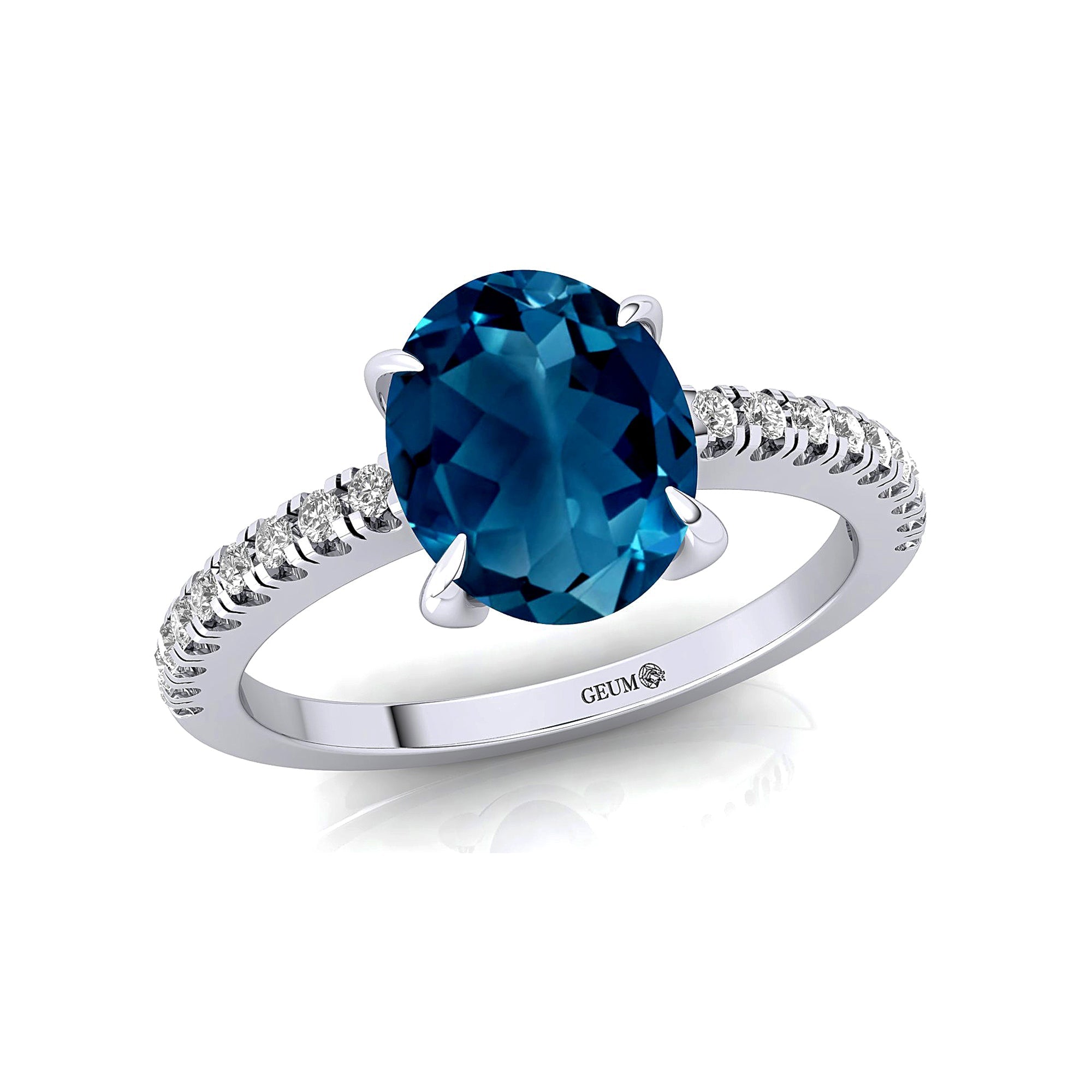 Oval Solitaire London Blue Topaz with Accent Diamonds Engagement Ring - GeumJewels