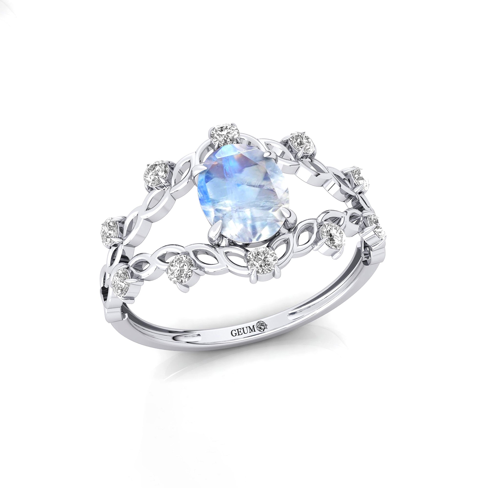 Flower Inspired Ring with Oval Shaped Moonstone and Accent Diamonds - GeumJewels