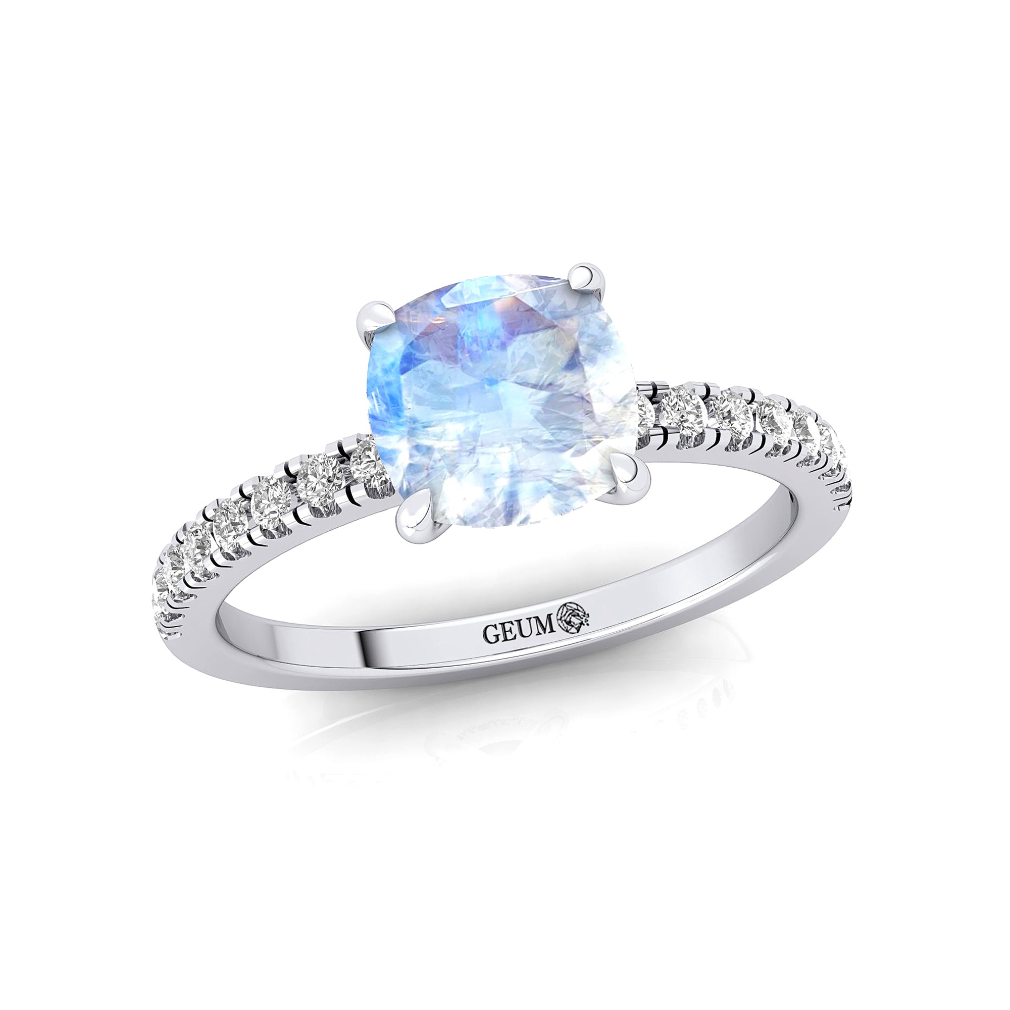 Moonstone Square Cushion Under Halo Diamonds Thin Ring with Diamond Band - GeumJewels