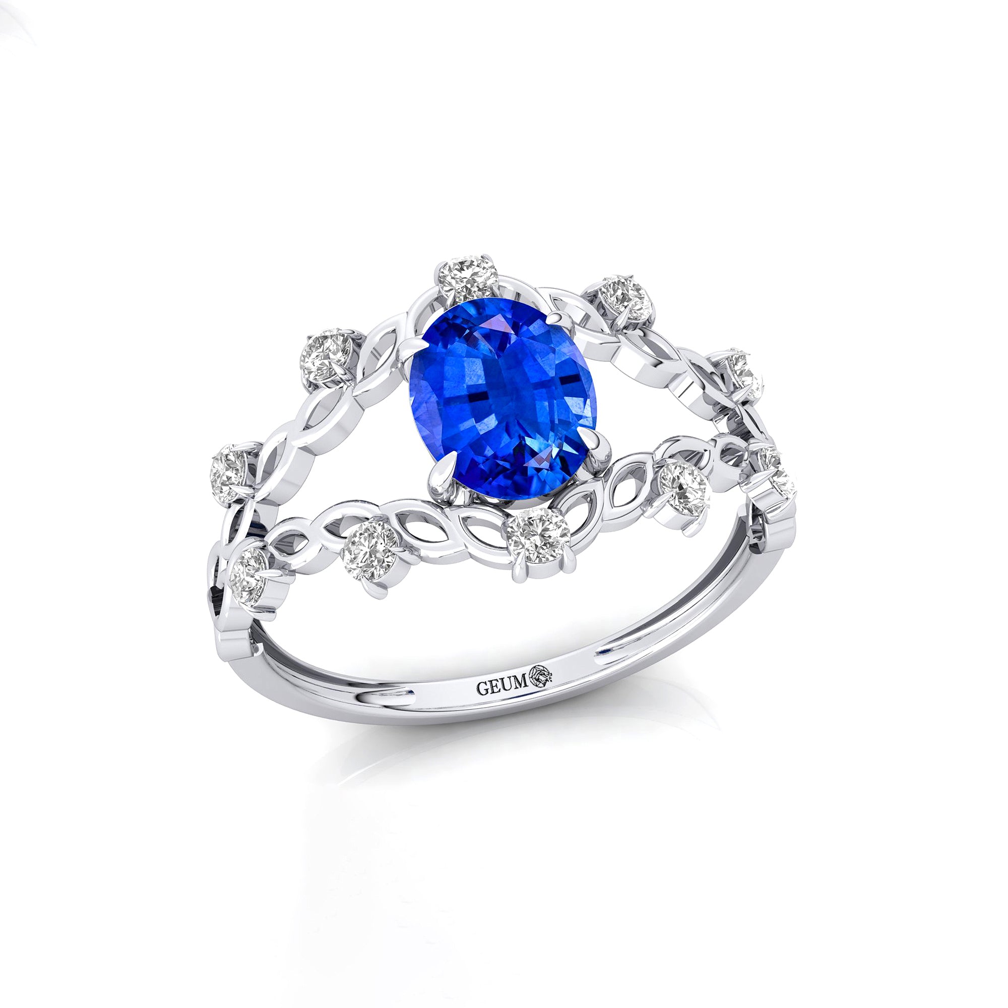 Flower Inspired Ring with Oval Shaped Blue Sapphire and Accent Diamonds - GeumJewels