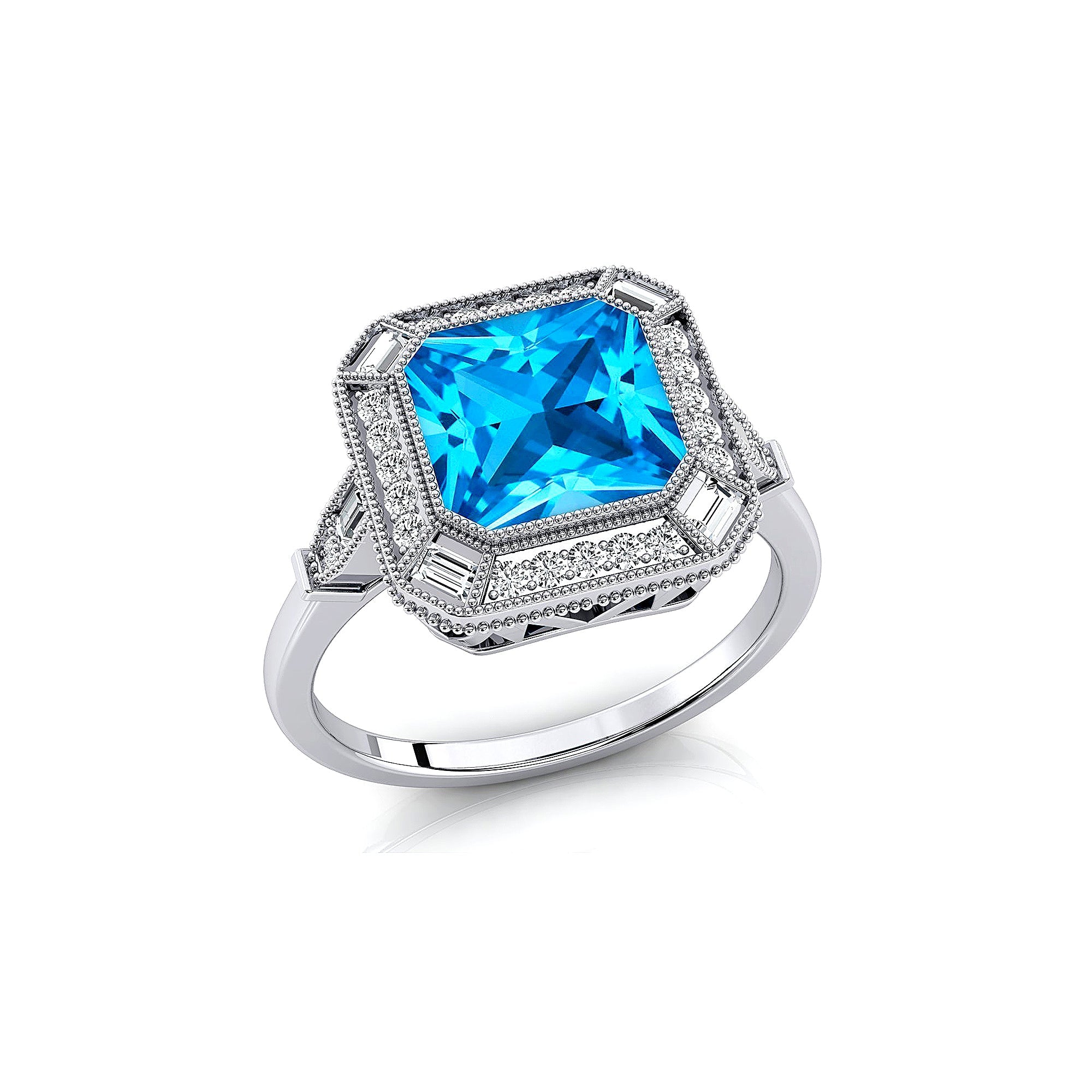 Vintage Style Square Cut Swiss Blue Topaz Diamond Ring - GeumJewels