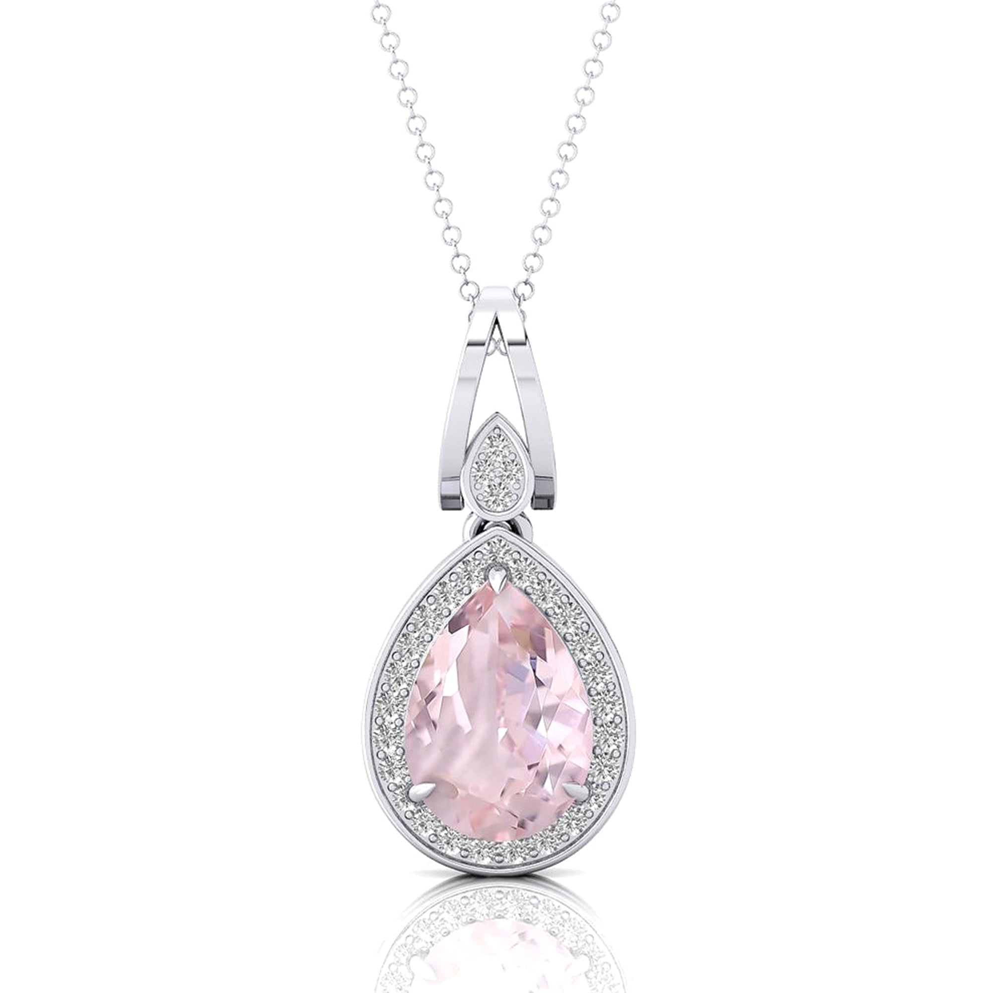 Classic Teardrop Shaped Morganite Halo Diamond Dangle Pendant - GeumJewels