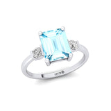 Emerald Cut Aquamarine and Diamond Three Stone Ring - GeumJewels