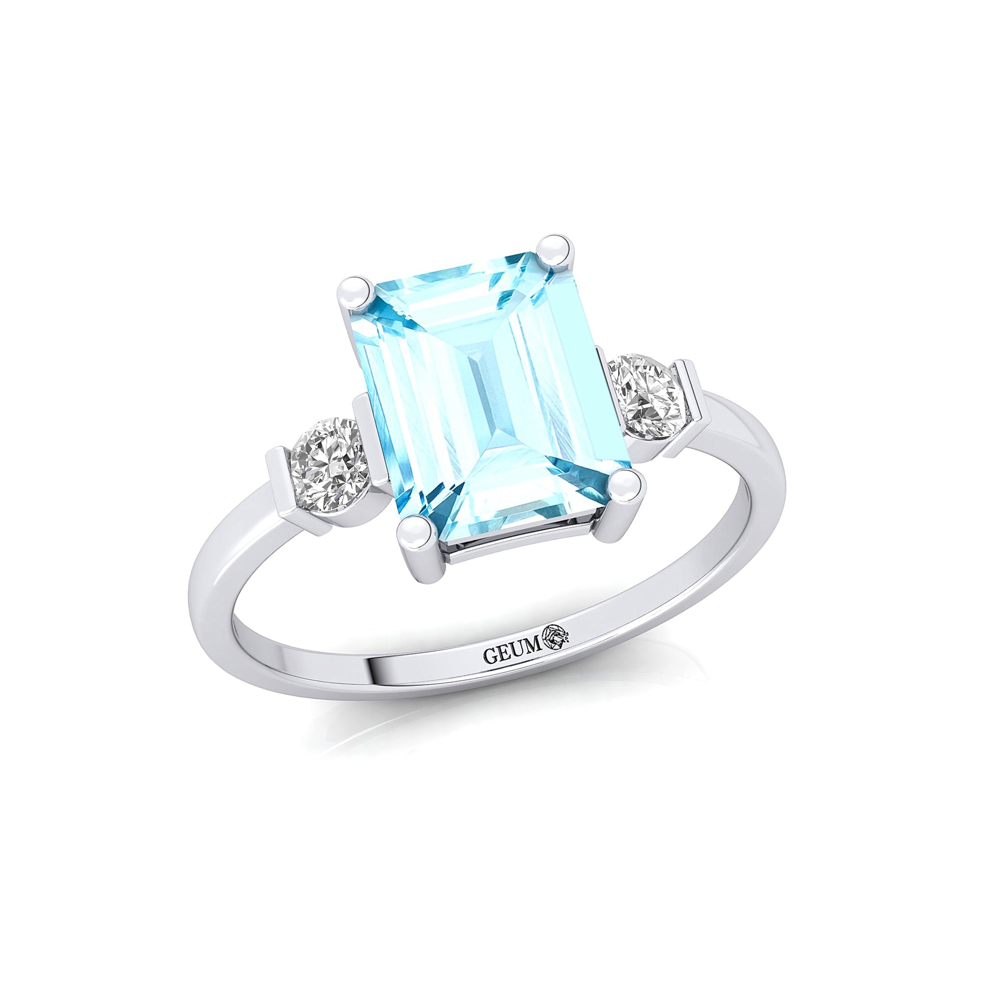 Emerald Cut Aquamarine and Diamond Three Stone Ring - GeumJewels