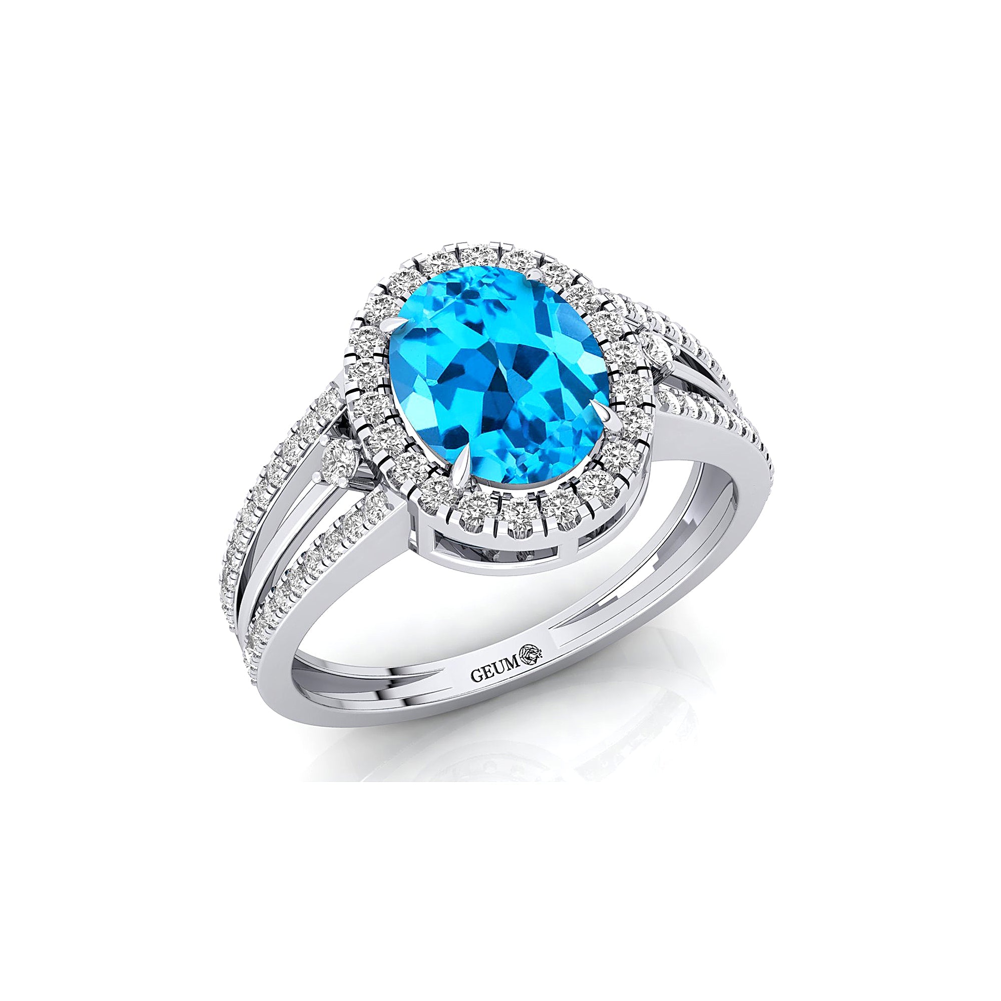 Solitaire Oval Swiss Blue Topaz Split Shank Diamond Engagement Ring - GeumJewels