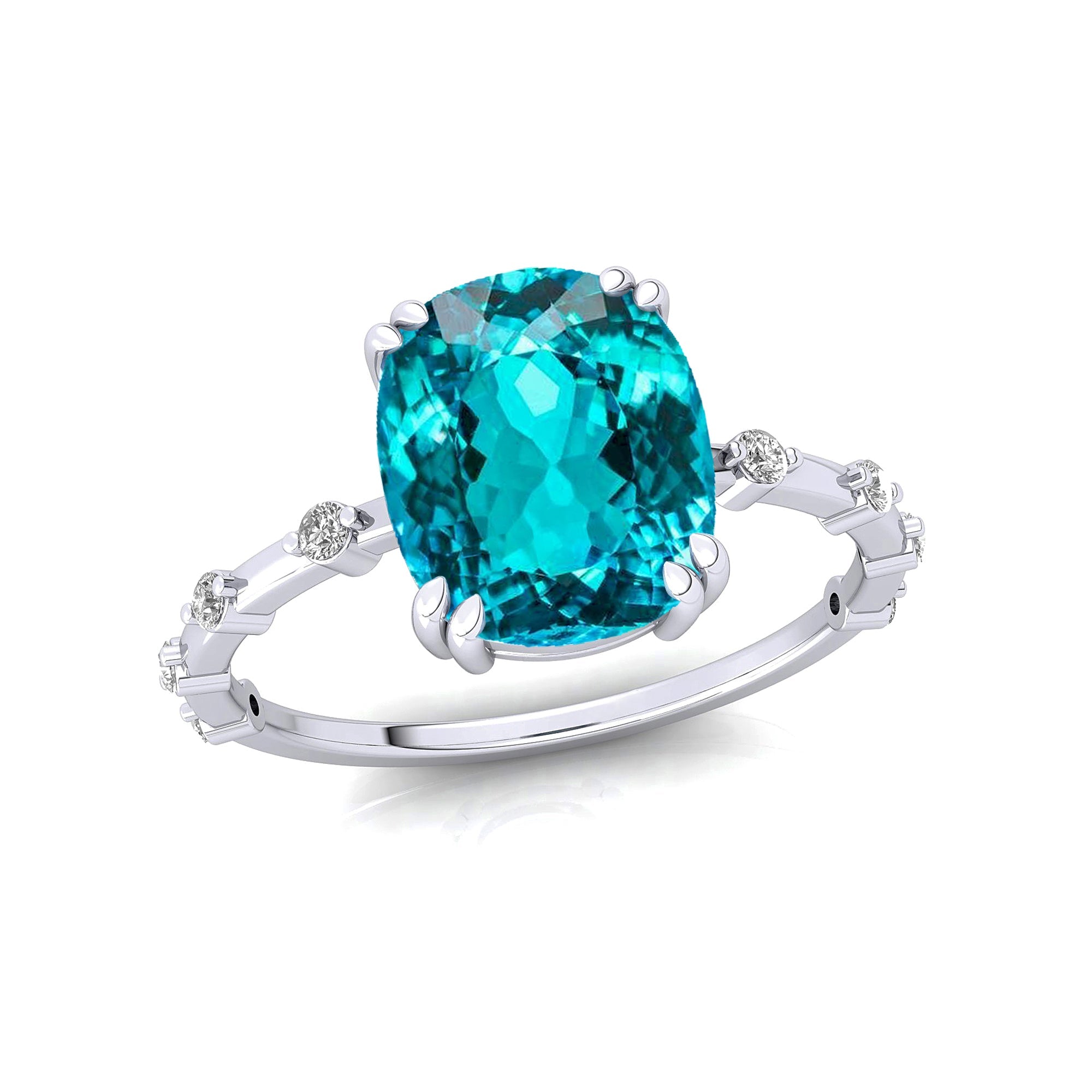 Cushion Cut Paraiba Tourmaline Engagement Ring with Distant Diamond Band - GeumJewels