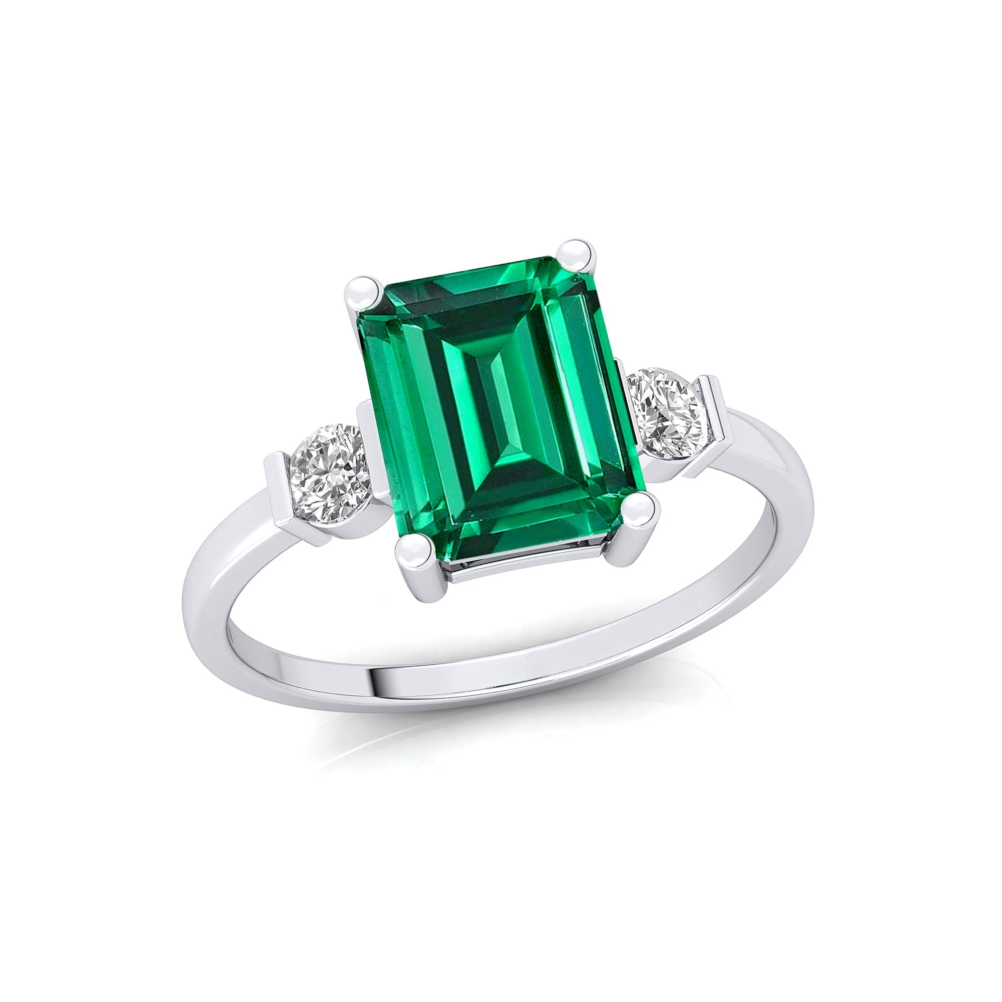 Emerald Cut Emerald and Diamond Three Stone Ring - GeumJewels