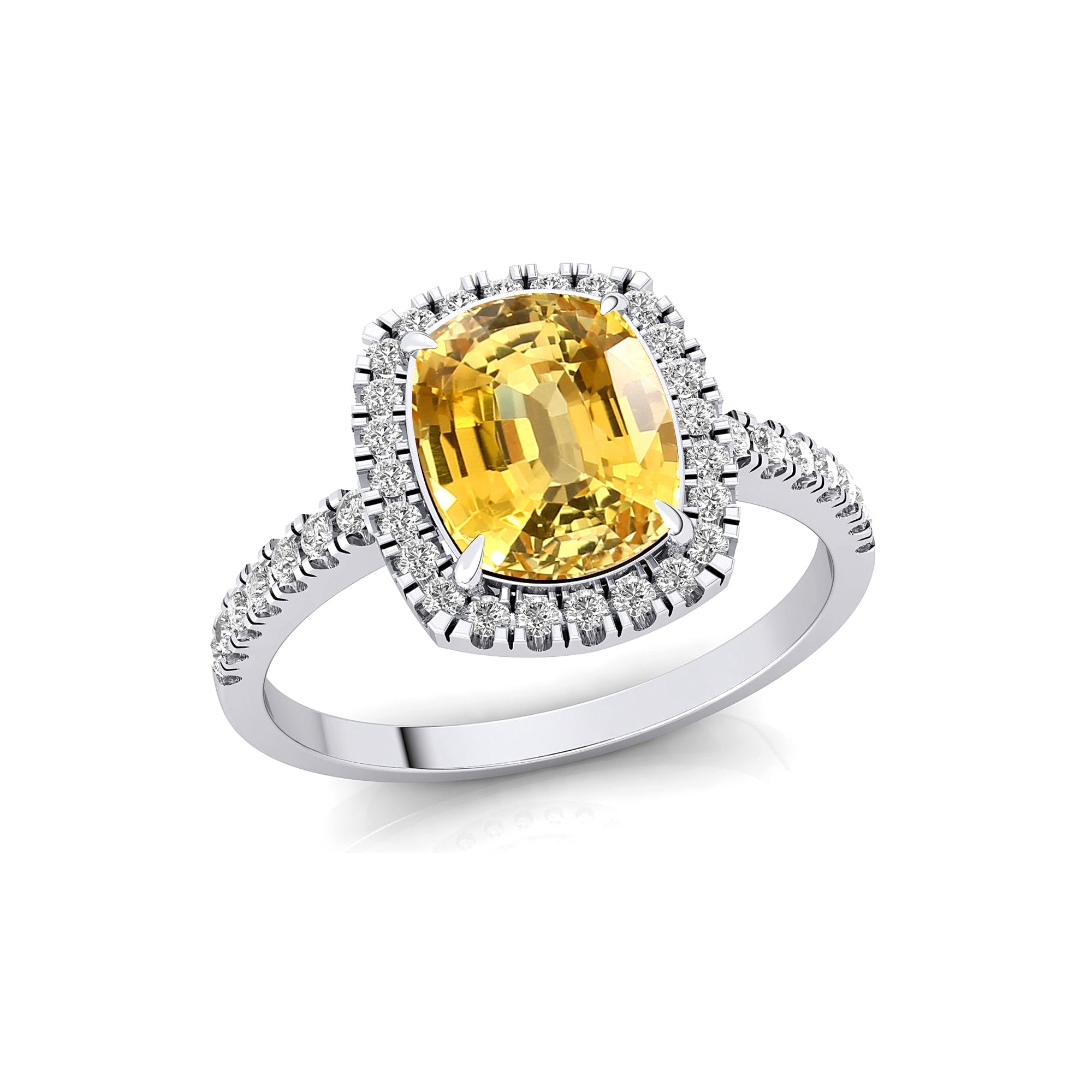 Elongated Cushion Halo Set Yellow Sapphire Engagement Ring with Diamond Band - GeumJewels