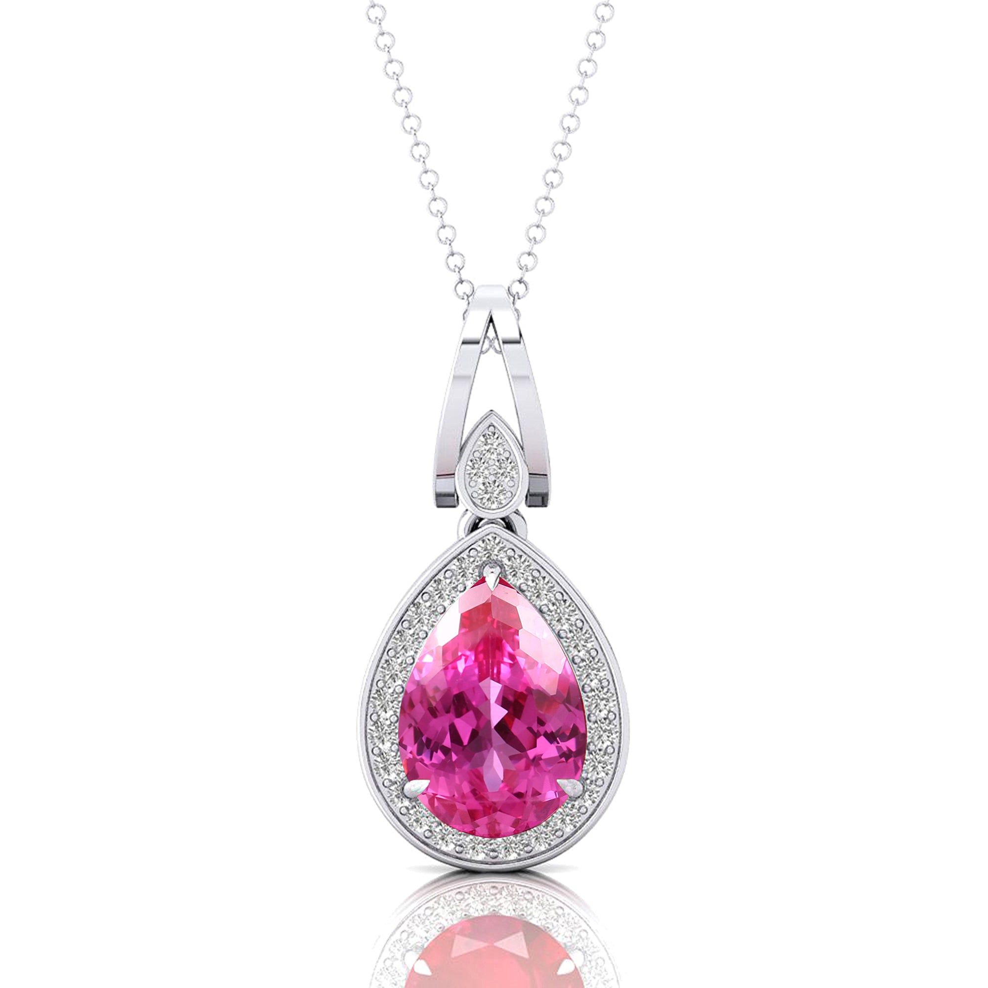 Classic Teardrop Shaped Pink Sapphire Halo Diamond Dangle Pendant - GeumJewels