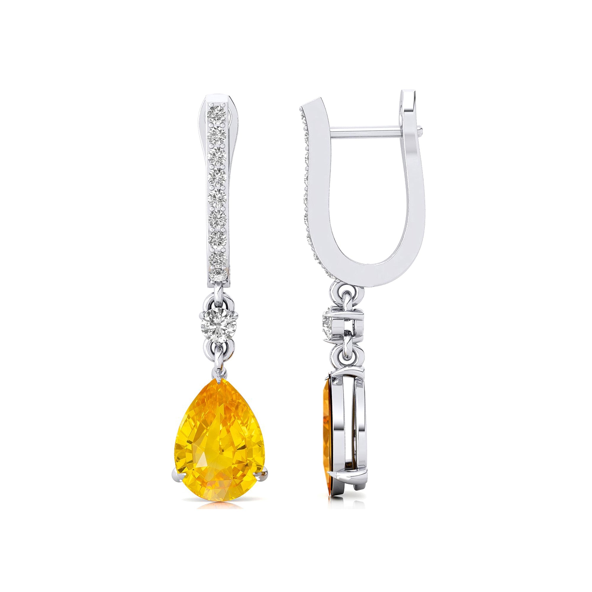 Lever Back Diamond Drop Earrings with Pear Cut Yellow Sapphire - GeumJewels