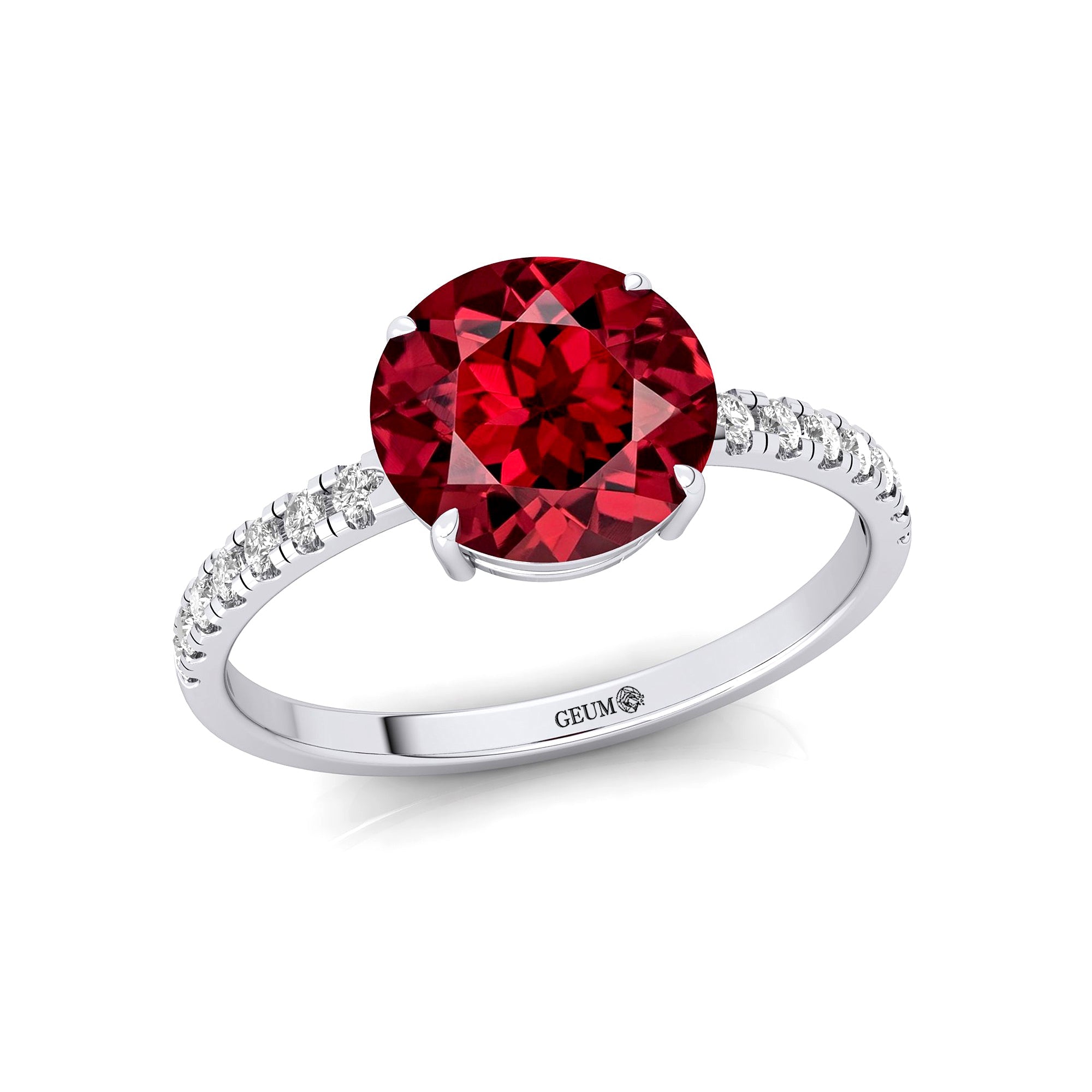 Classic Six Prong Round Solitaire Garnet Ring with Accent Diamond Band - GeumJewels