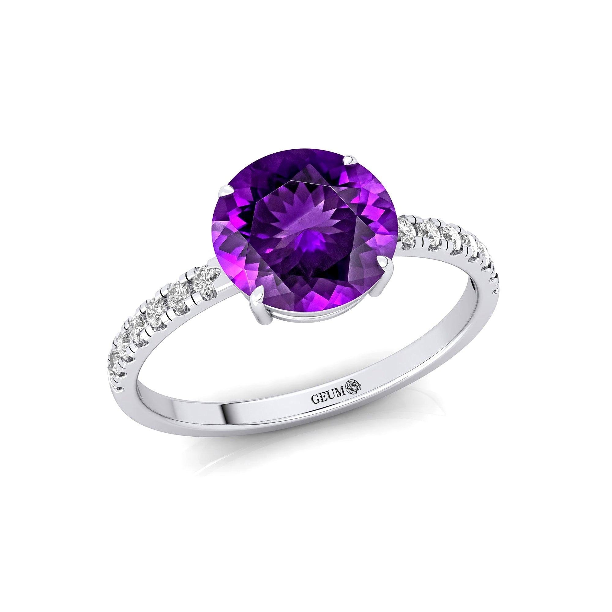 Classic Six Prong Round Solitaire Amethyst Ring with Accent Diamond Band - GeumJewels