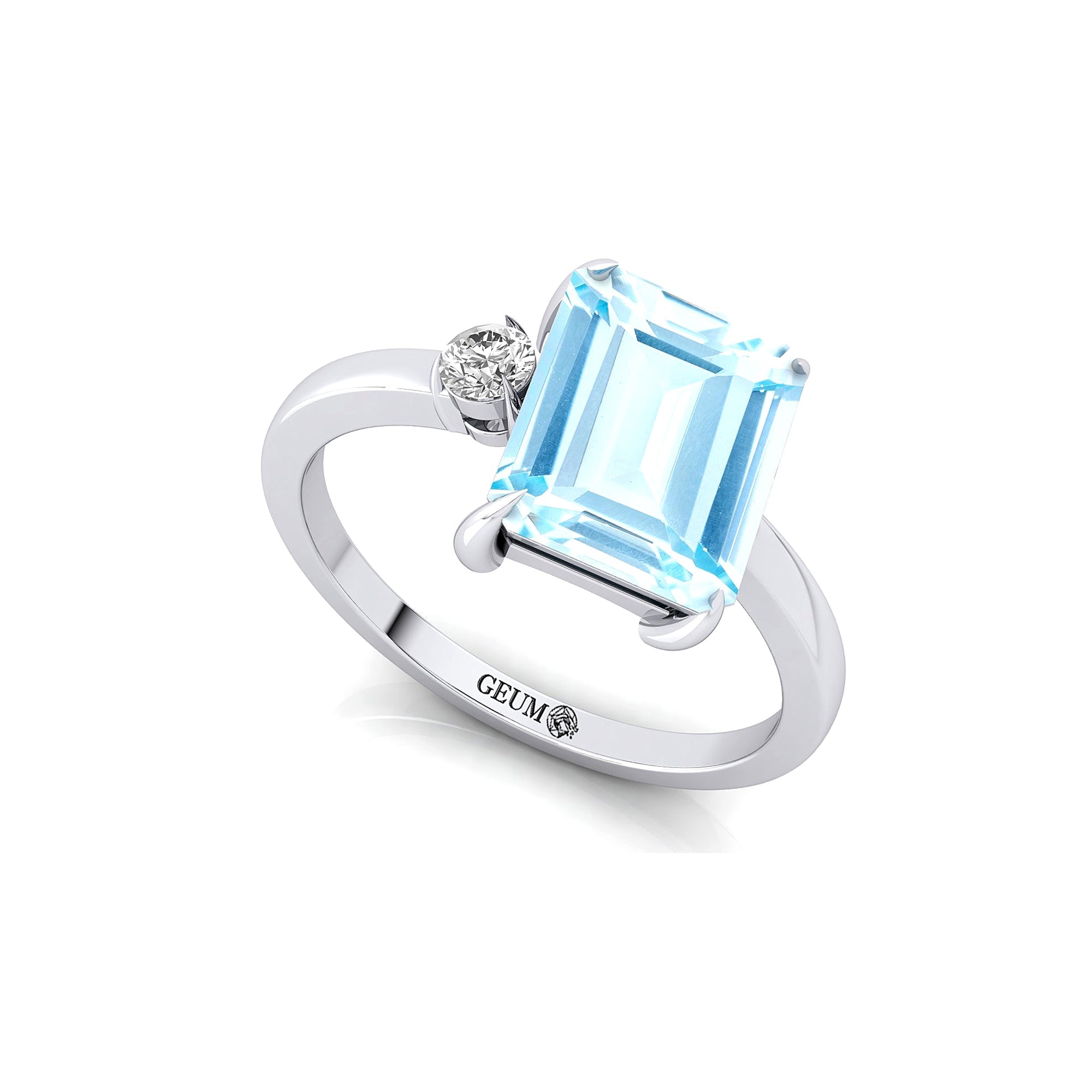 Emerald Shaped Aquamarine with 3mm Accent Solitaire Engagement Ring - GeumJewels