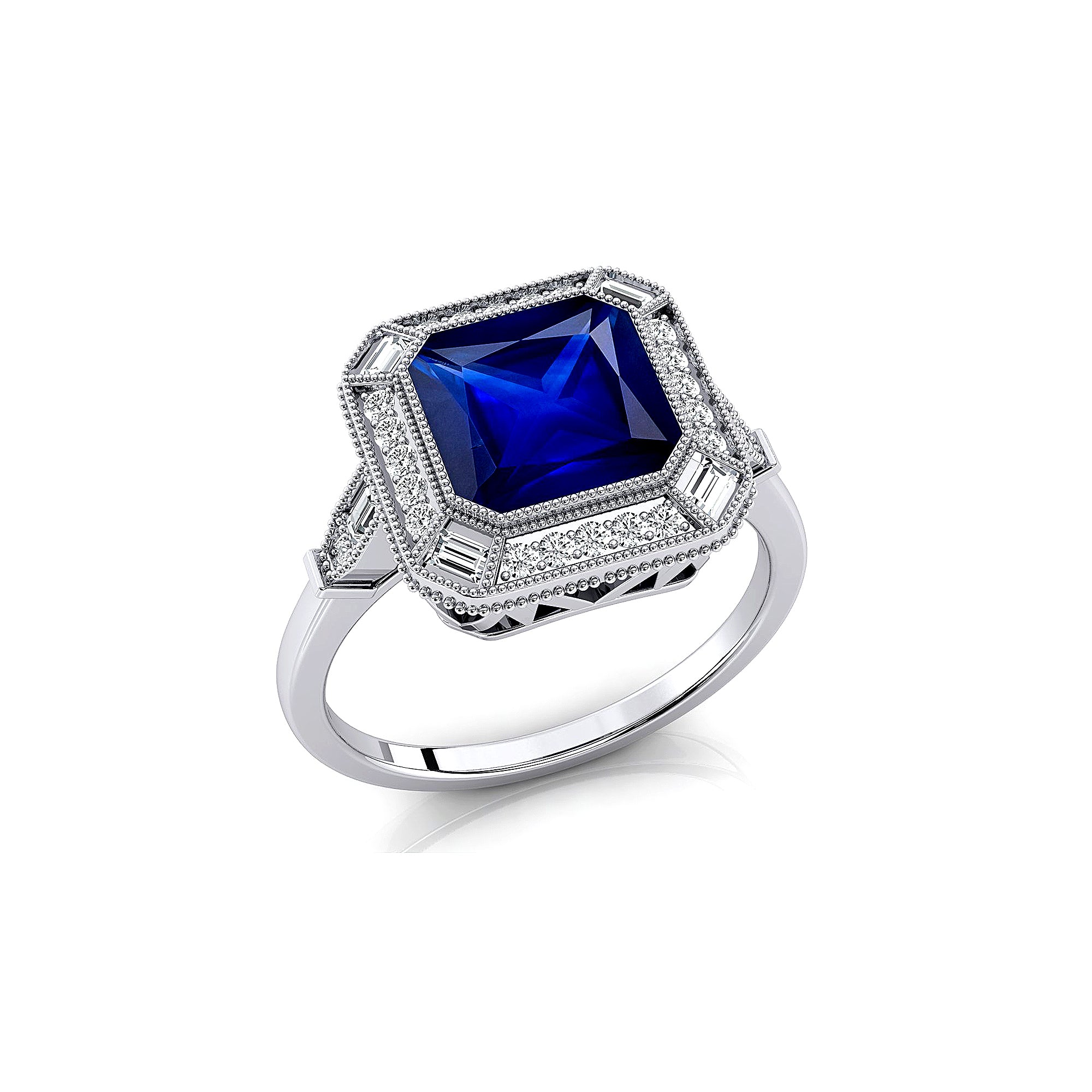 Vintage Style Square Cut Blue Sapphire Diamond Ring - GeumJewels