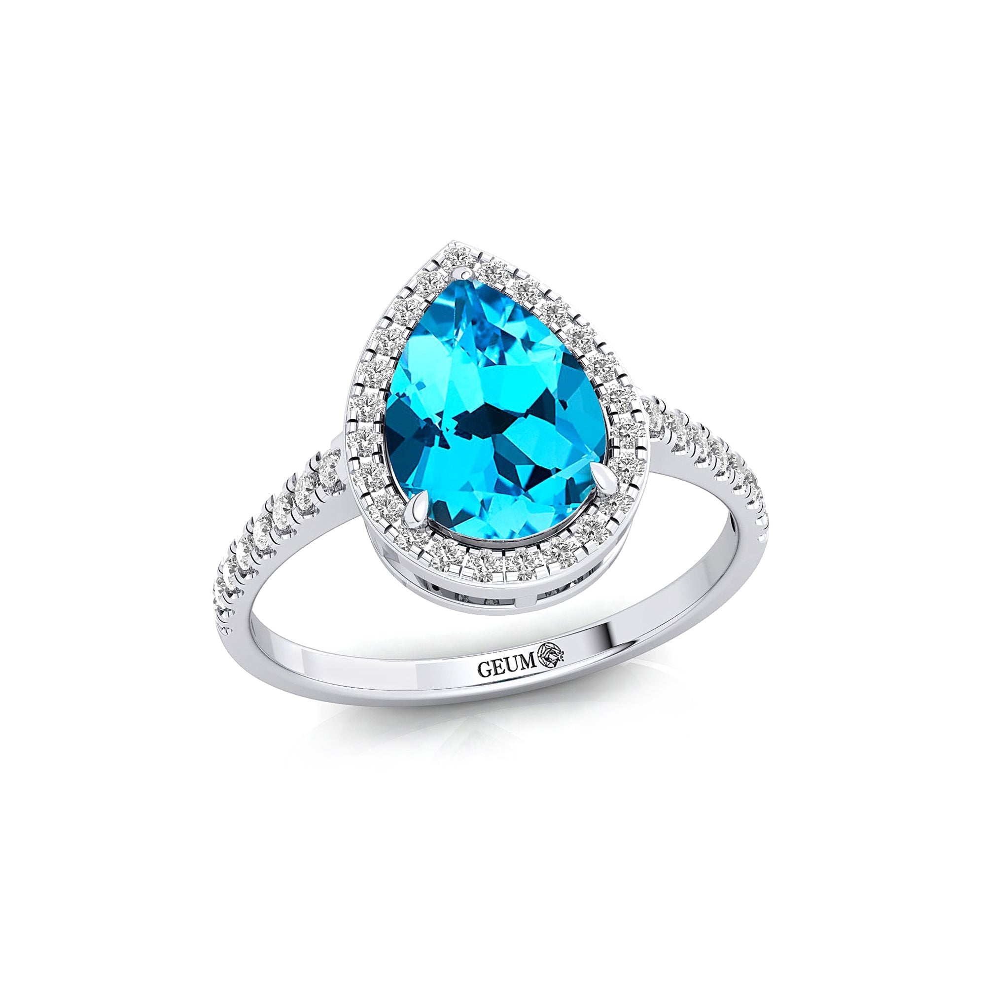 Classic Pear Shaped Swiss Blue Topaz Halo Diamond Engagement Ring - GeumJewels