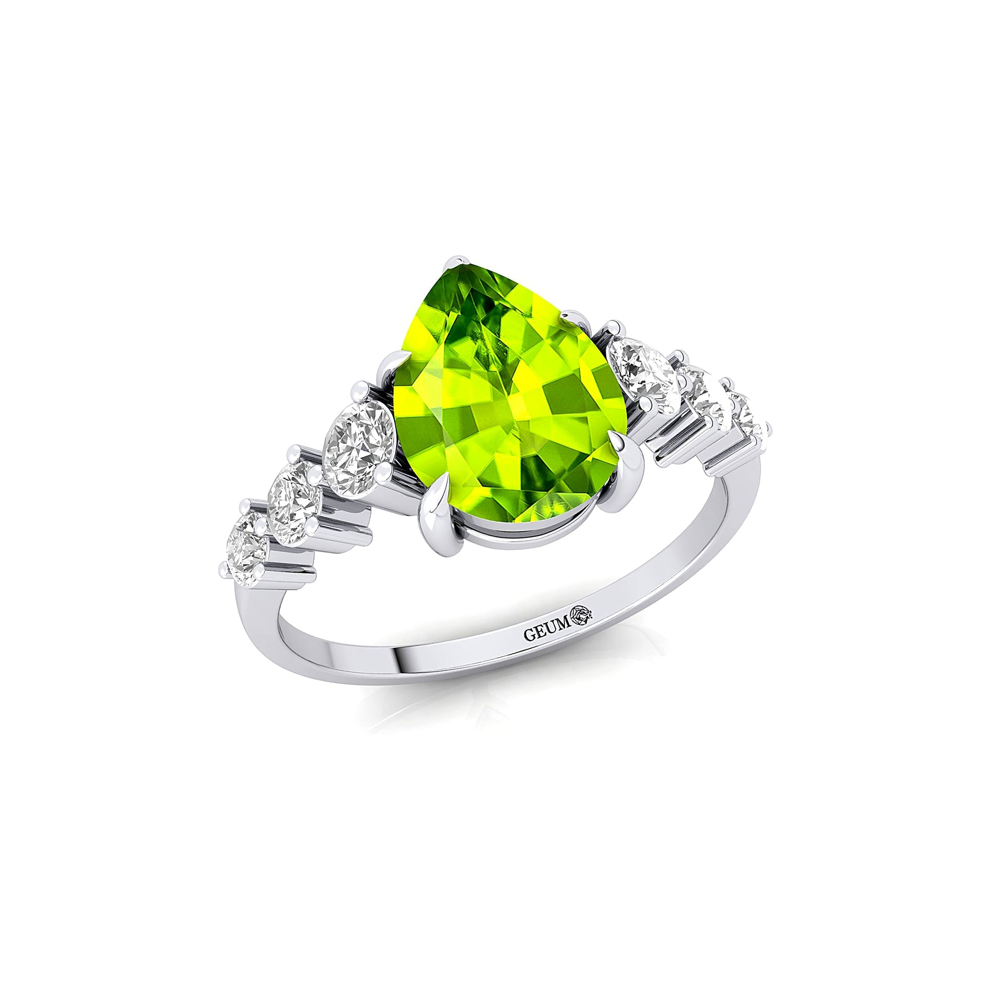 Pear Cut Peridot with Graduated Diamonds Ring - GeumJewels