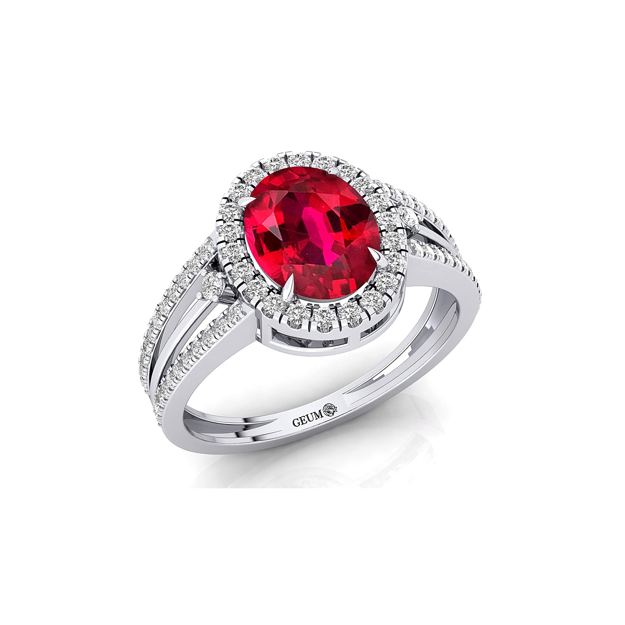 Solitaire Oval Ruby Split Shank Diamond Engagement Ring - GeumJewels