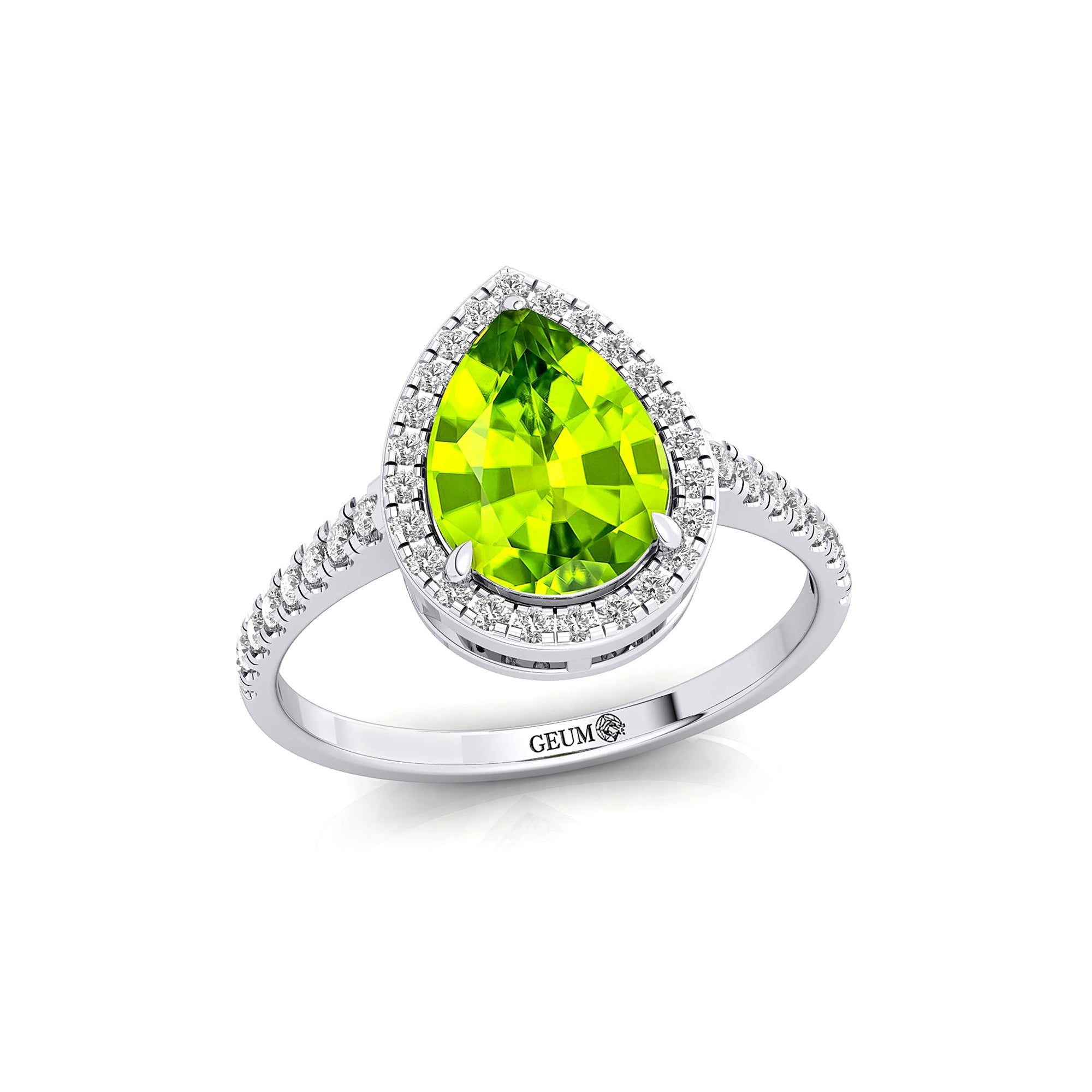 Classic Pear Shaped Peridot Halo Diamond Engagement Ring - GeumJewels