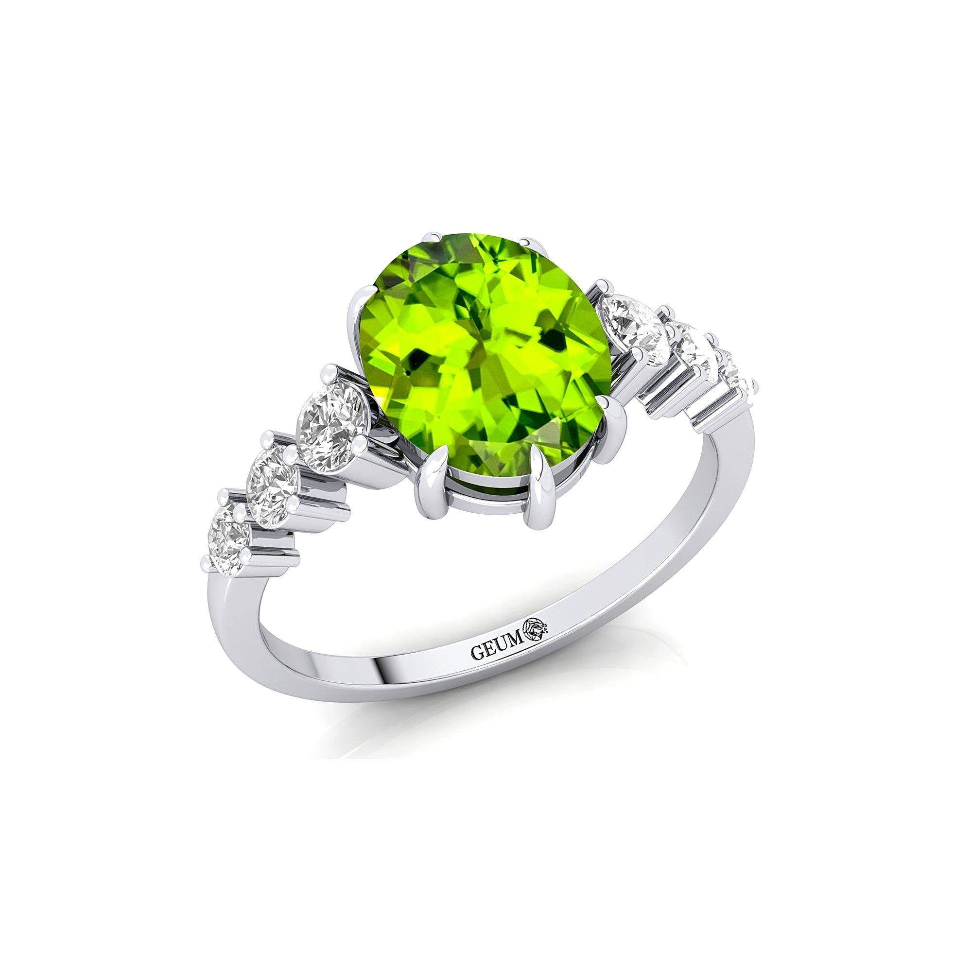 Oval Cut Peridot with Graduated Diamonds Ring - GeumJewels