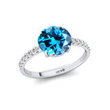 Classic Six Prong Round Solitaire London Blue Topaz Ring with Accent Diamond Band - GeumJewels