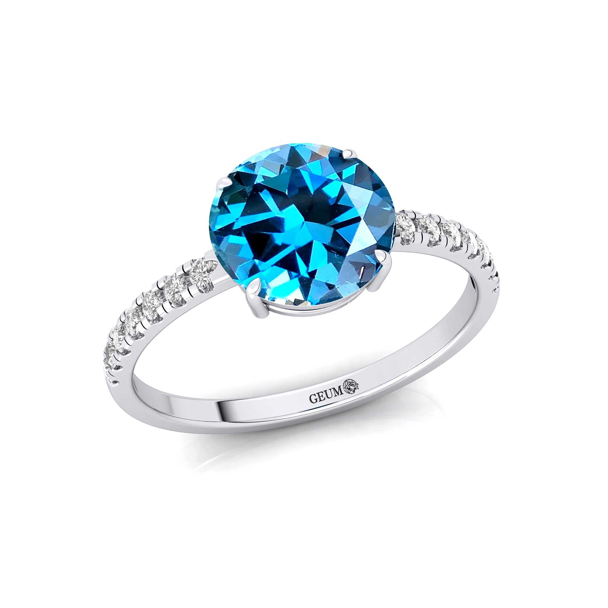 Classic Six Prong Round Solitaire London Blue Topaz Ring with Accent Diamond Band - GeumJewels