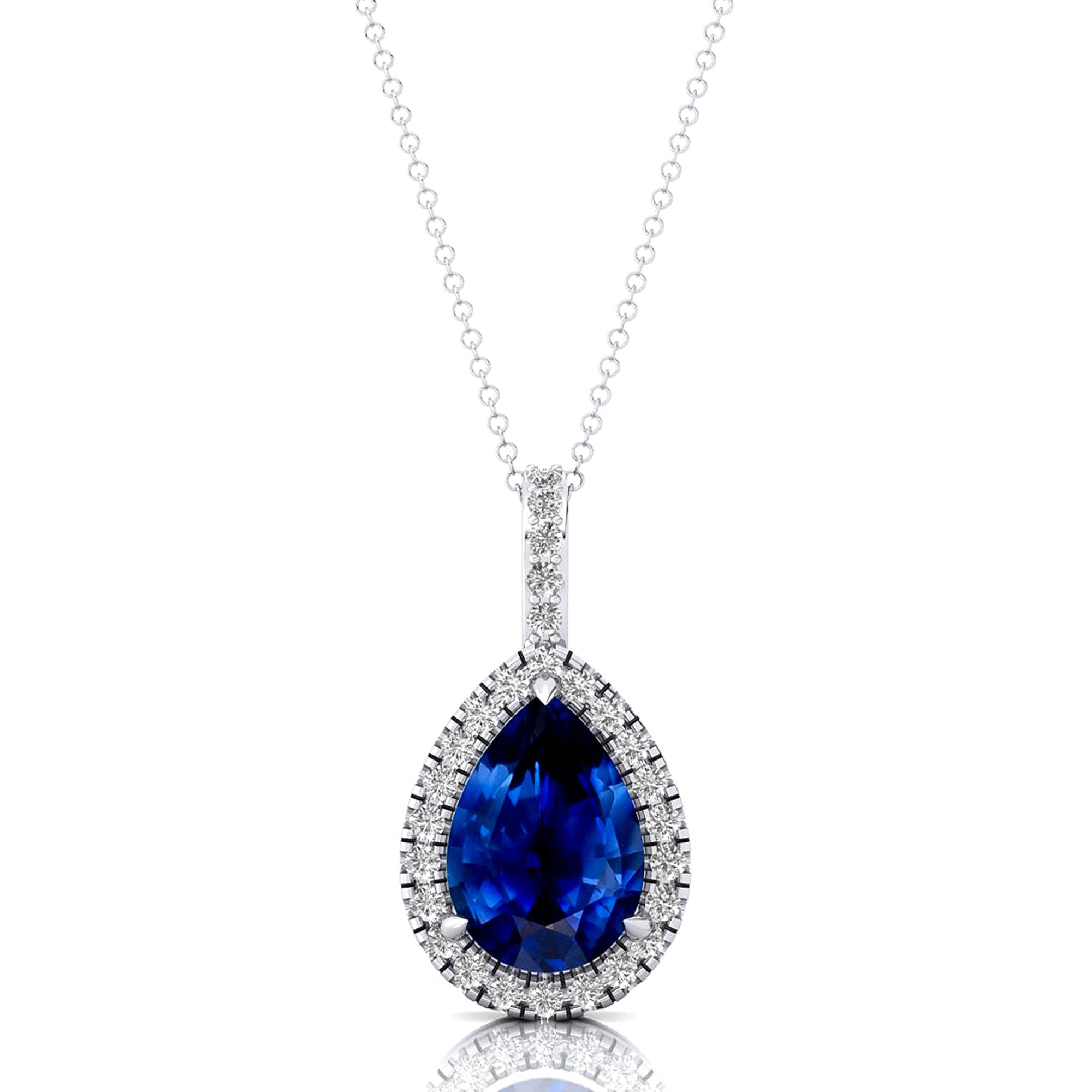 Blue Sapphire Teardrop Pendant with Diamond Halo - GeumJewels