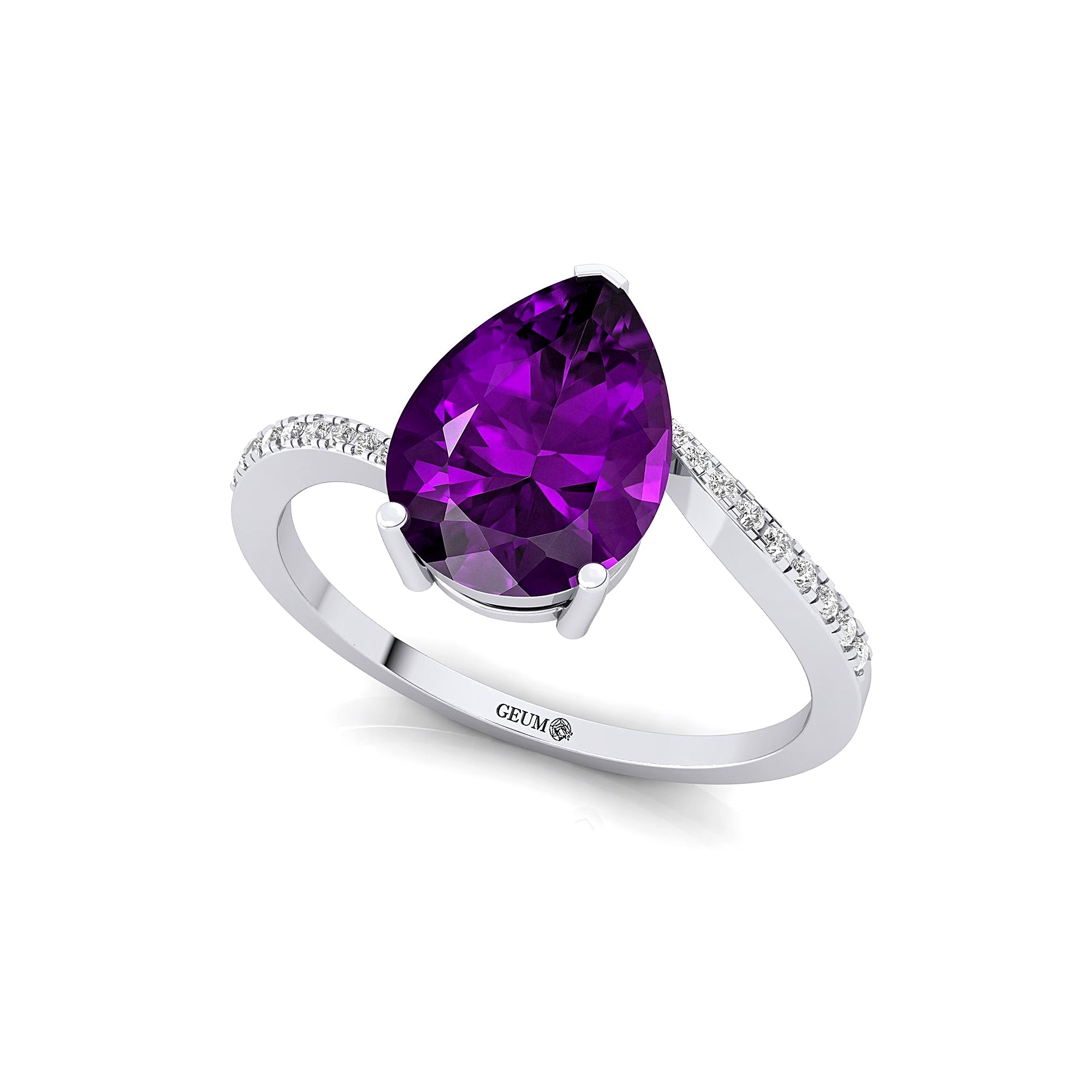 Twisted Up Down Band Pear Shaped Amethyst Ring with Accent Diamonds - GeumJewels