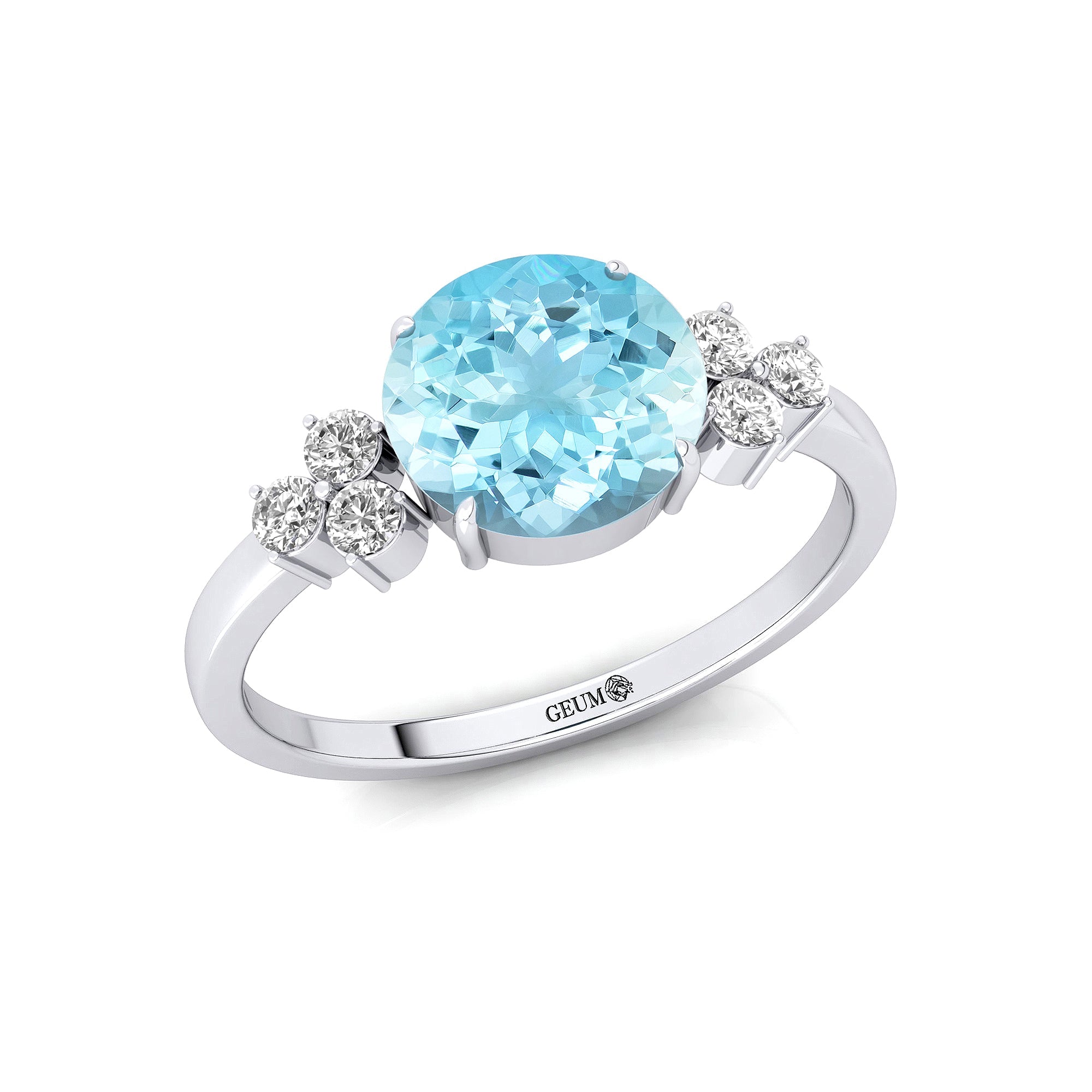 Trio Diamond Engagement Ring with Round Solitaire Aquamarine - GeumJewels