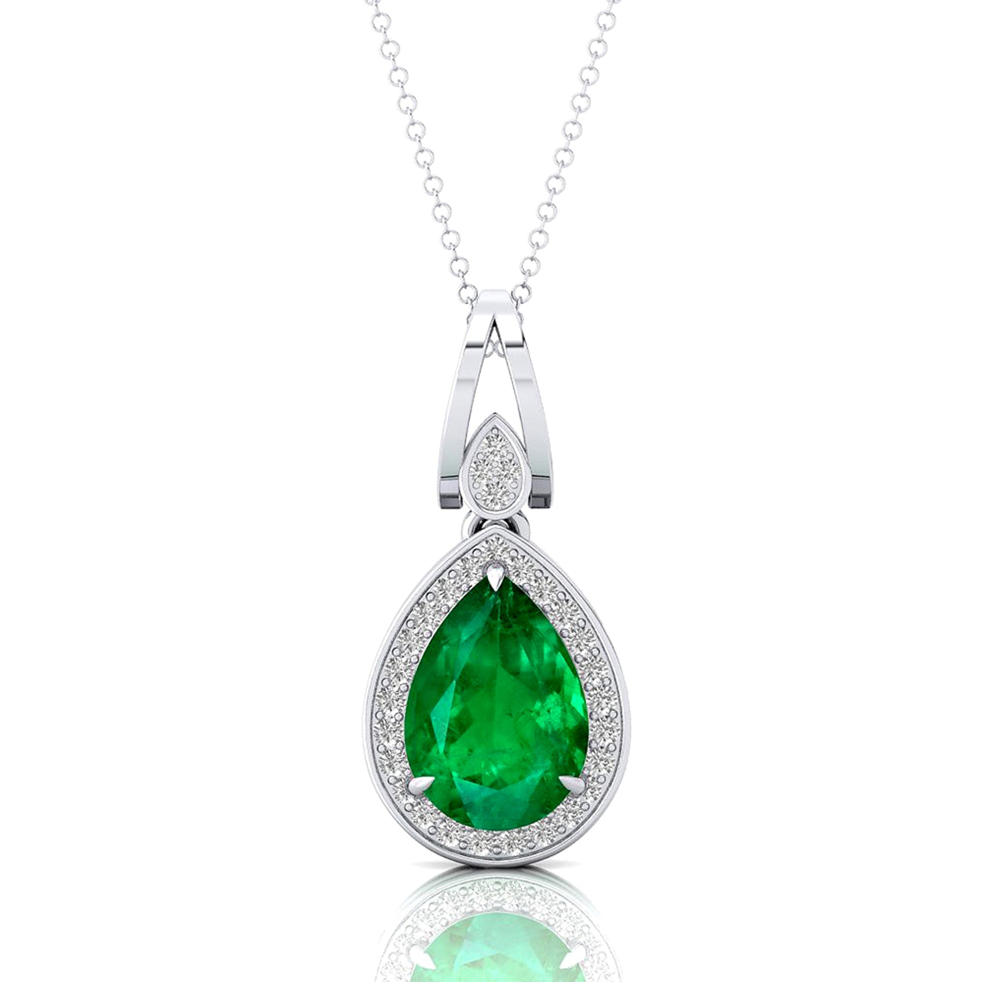 Classic Teardrop Shaped Emerald Halo Diamond Dangle Pendant - GeumJewels