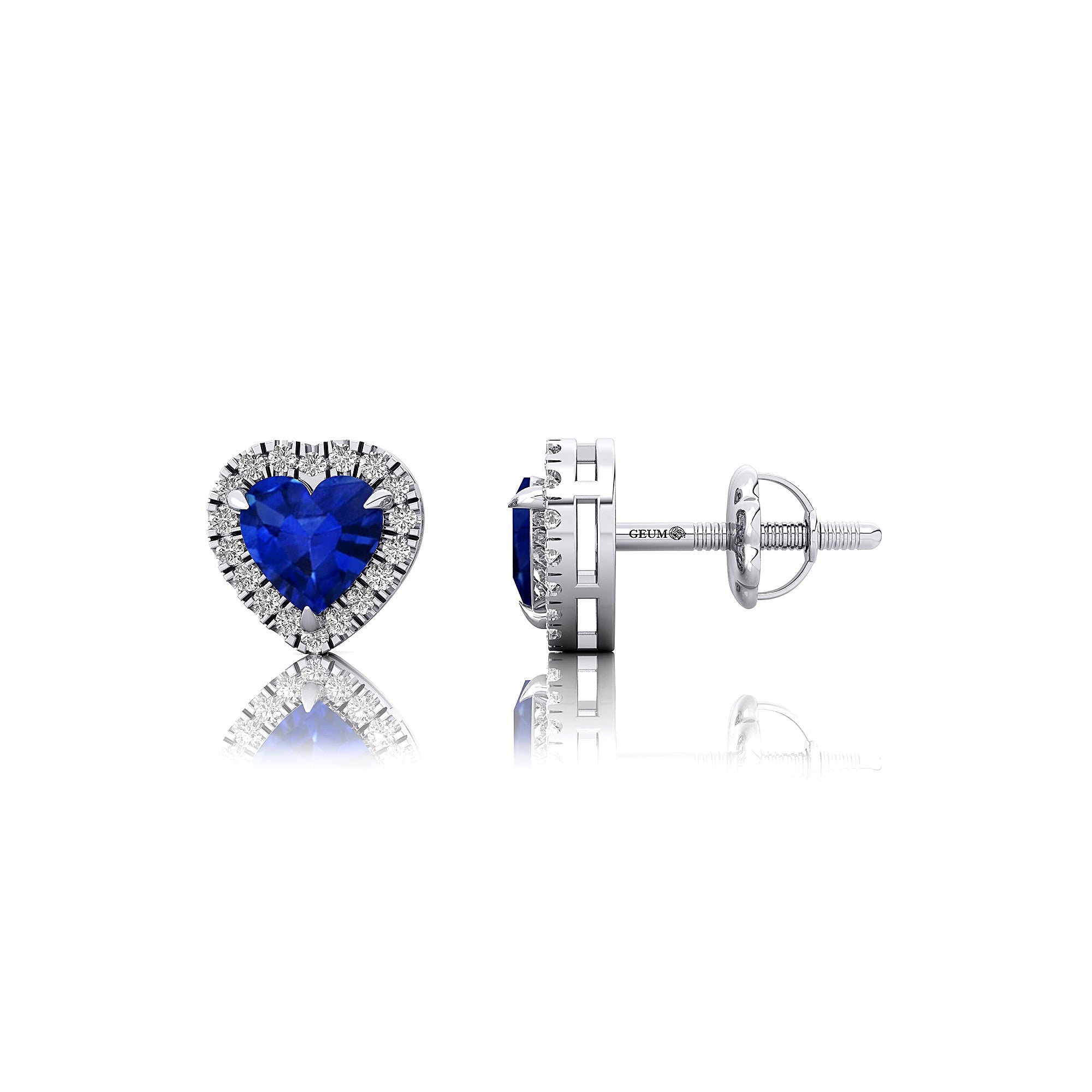 Heart Shaped Blue Sapphire Halo Diamond Stud Earrings - GeumJewels